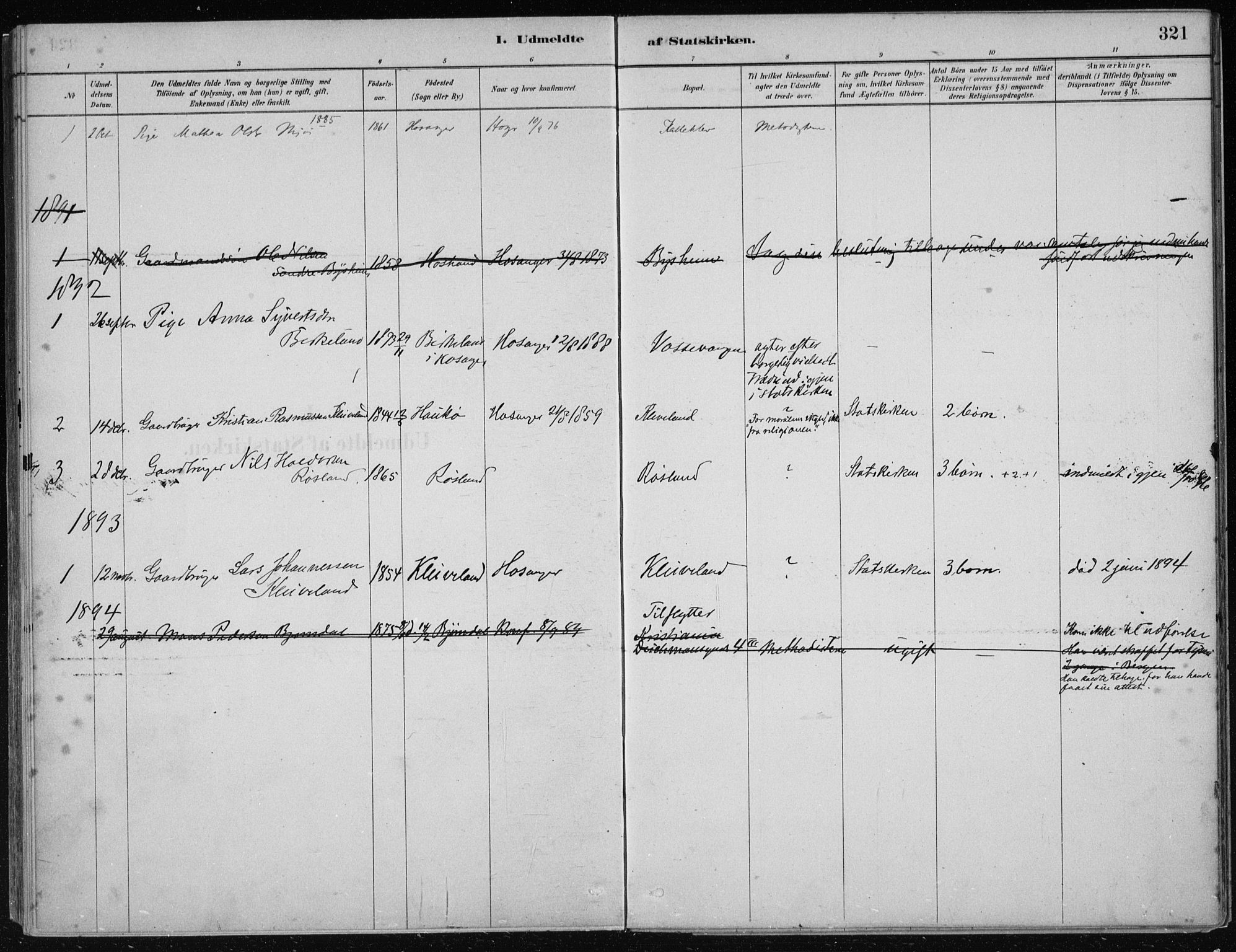 Hosanger sokneprestembete, AV/SAB-A-75801/H/Haa: Parish register (official) no. B  1, 1880-1896, p. 321