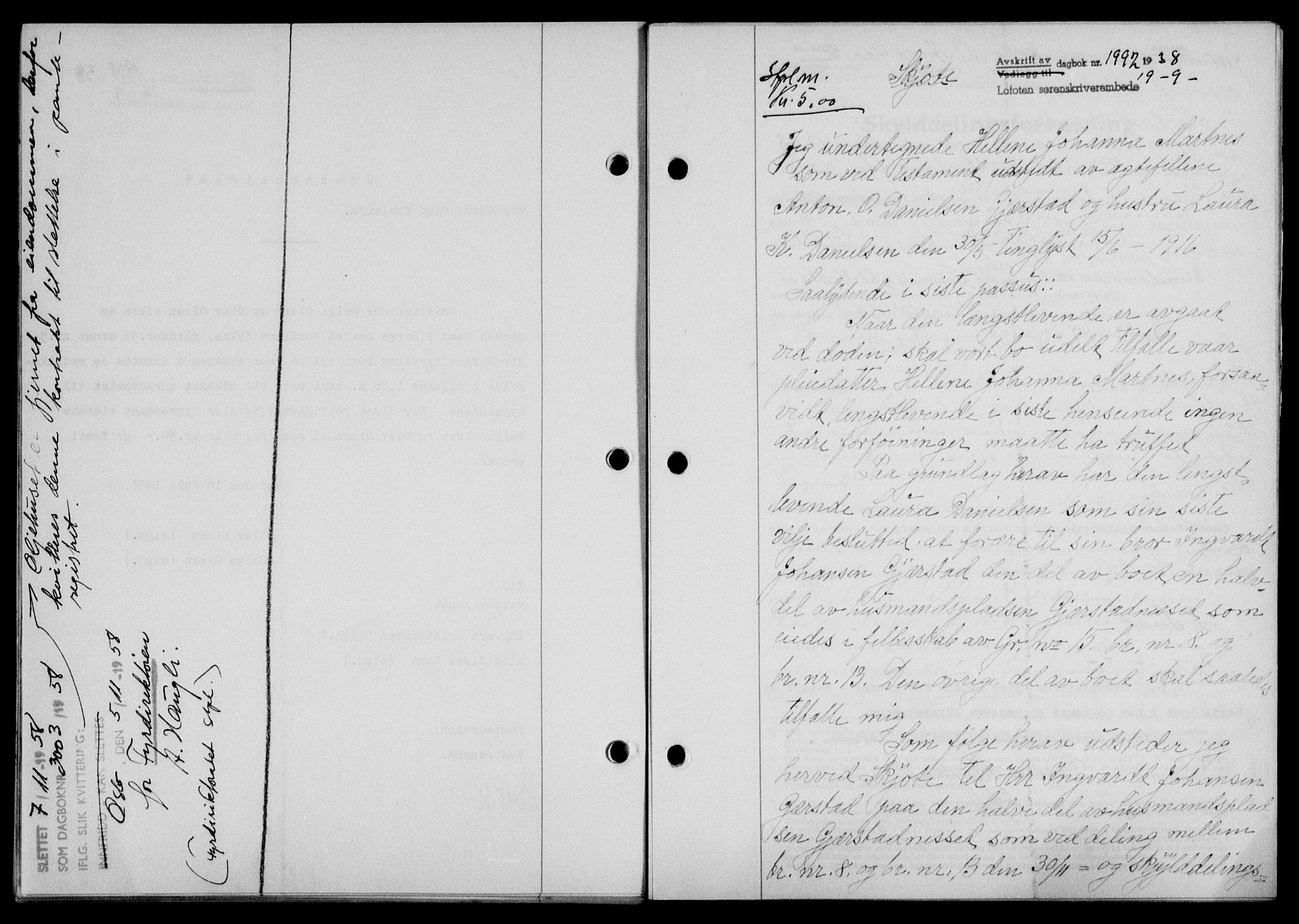 Lofoten sorenskriveri, SAT/A-0017/1/2/2C/L0004a: Mortgage book no. 4a, 1938-1938, Diary no: : 1992/1938