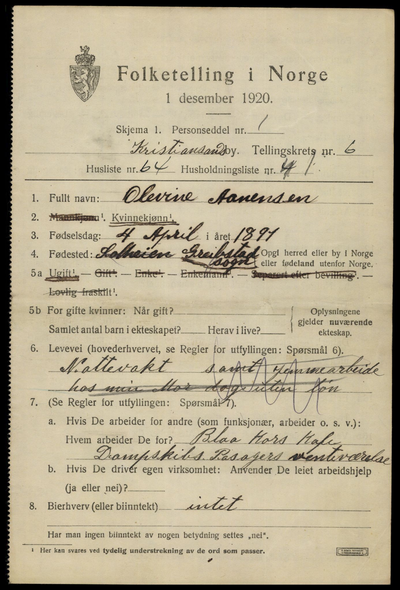 SAK, 1920 census for Kristiansand, 1920, p. 19525