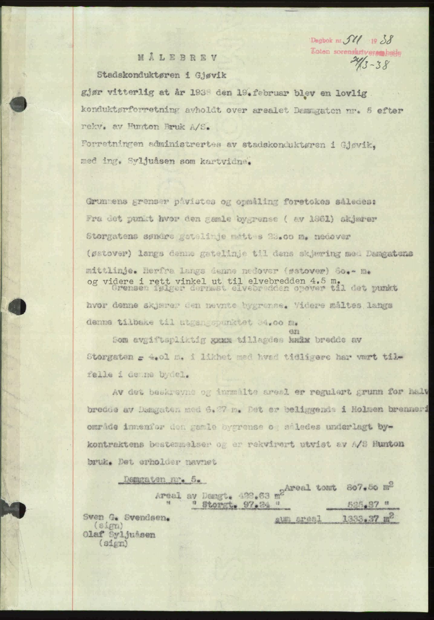 Toten tingrett, SAH/TING-006/H/Hb/Hbc/L0003: Mortgage book no. Hbc-03, 1937-1938, Diary no: : 511/1938