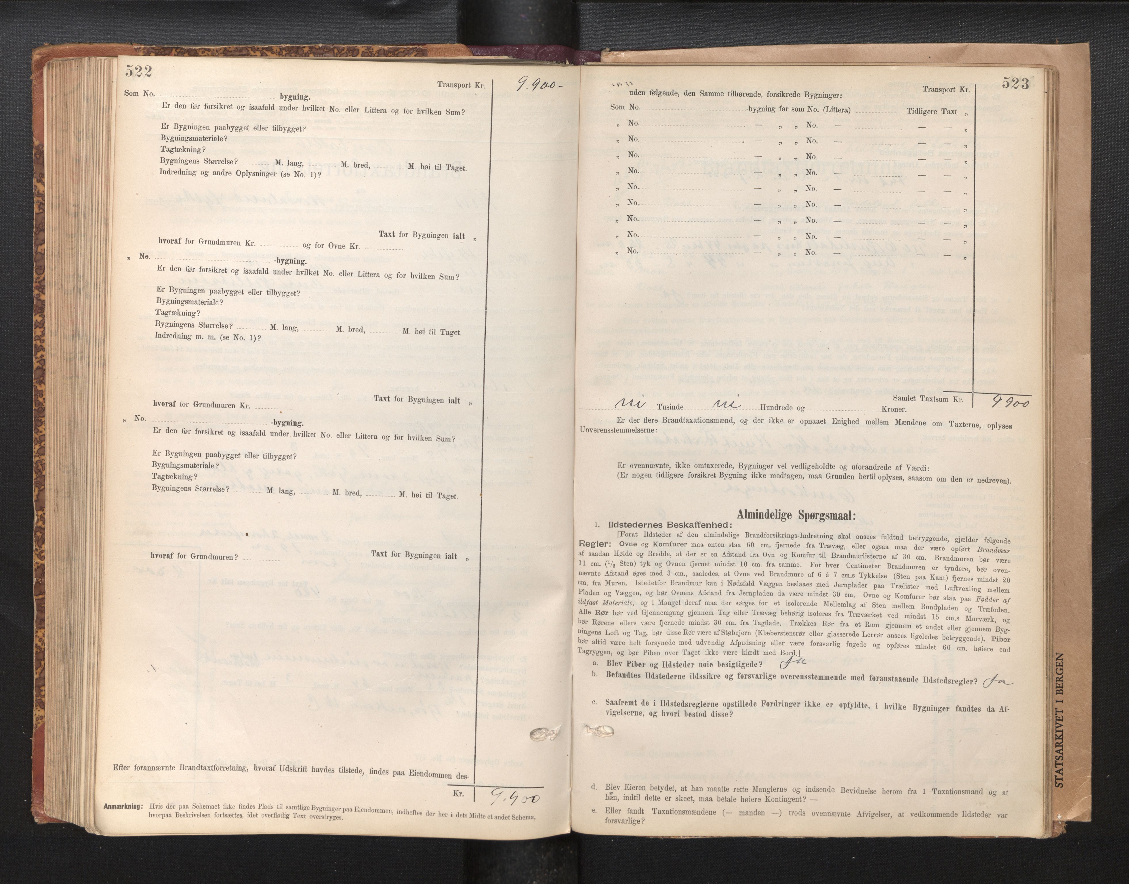 Lensmannen i Voss, SAB/A-35801/0012/L0008: Branntakstprotokoll, skjematakst, 1895-1945, p. 522-523