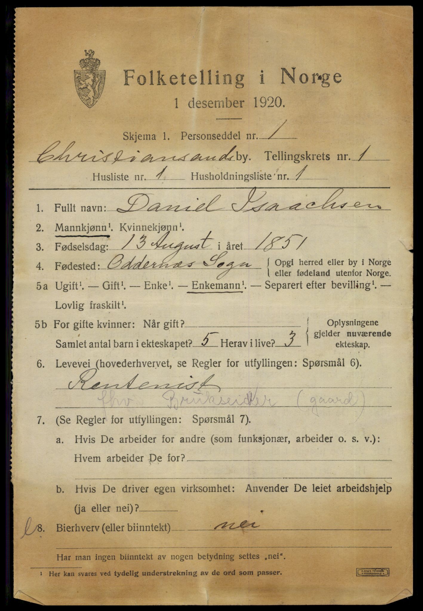 SAK, 1920 census for Kristiansand, 1920, p. 11117