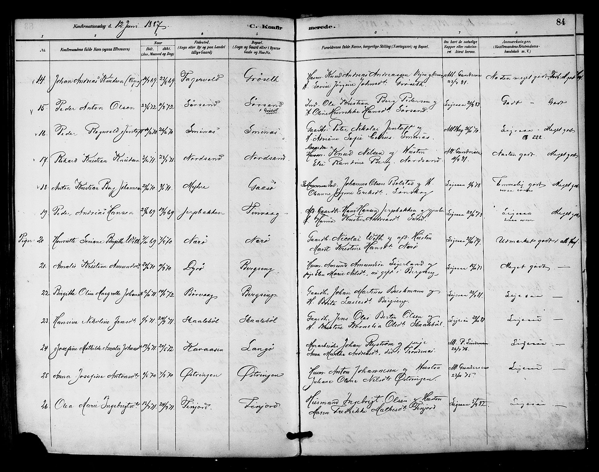 Ministerialprotokoller, klokkerbøker og fødselsregistre - Nordland, AV/SAT-A-1459/893/L1337: Parish register (official) no. 893A09, 1885-1893, p. 84