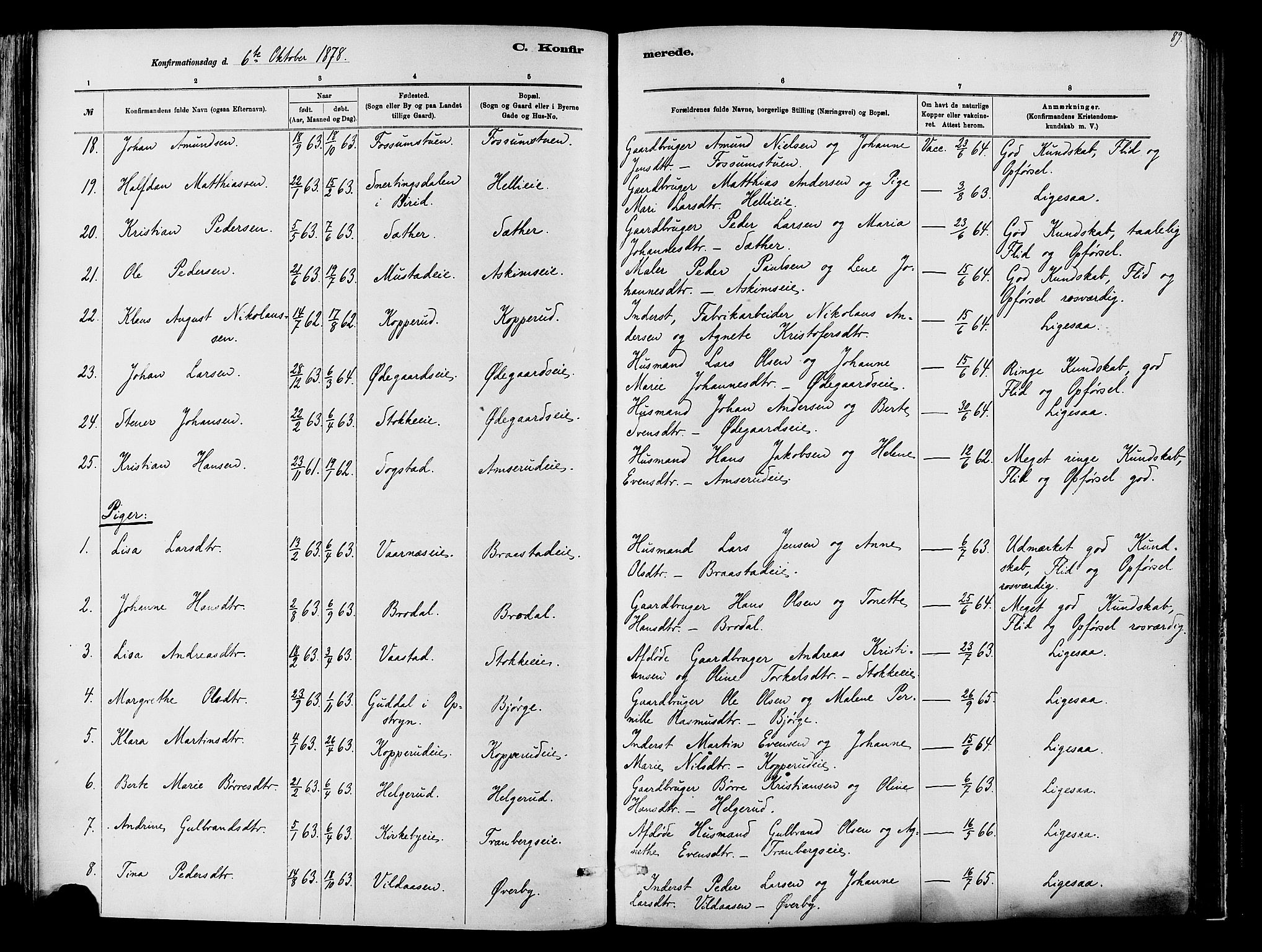 Vardal prestekontor, SAH/PREST-100/H/Ha/Haa/L0009: Parish register (official) no. 9, 1878-1892, p. 89