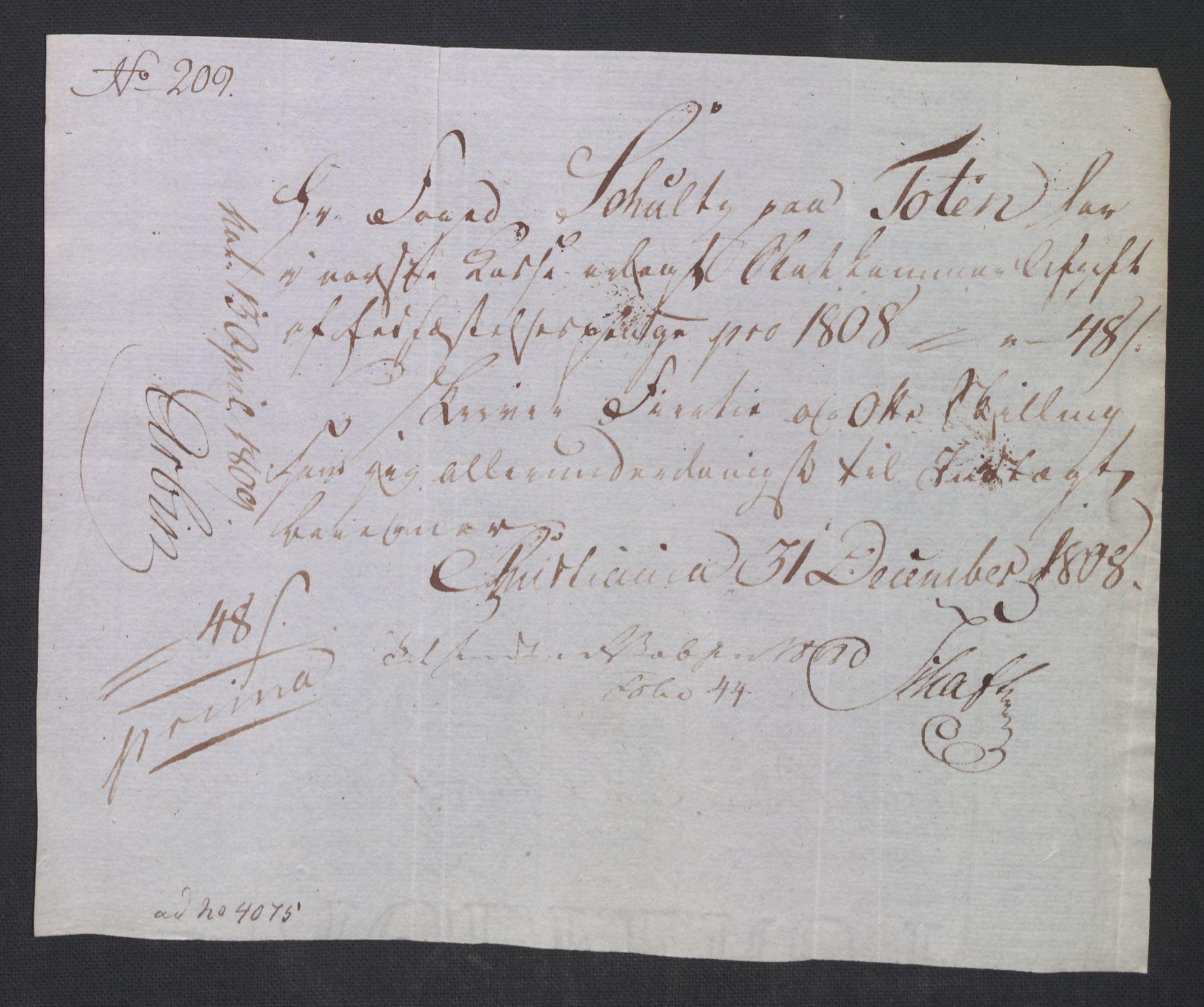 Rentekammeret inntil 1814, Reviderte regnskaper, Fogderegnskap, AV/RA-EA-4092/R19/L1396: Fogderegnskap Toten, Hadeland og Vardal, 1808, p. 686