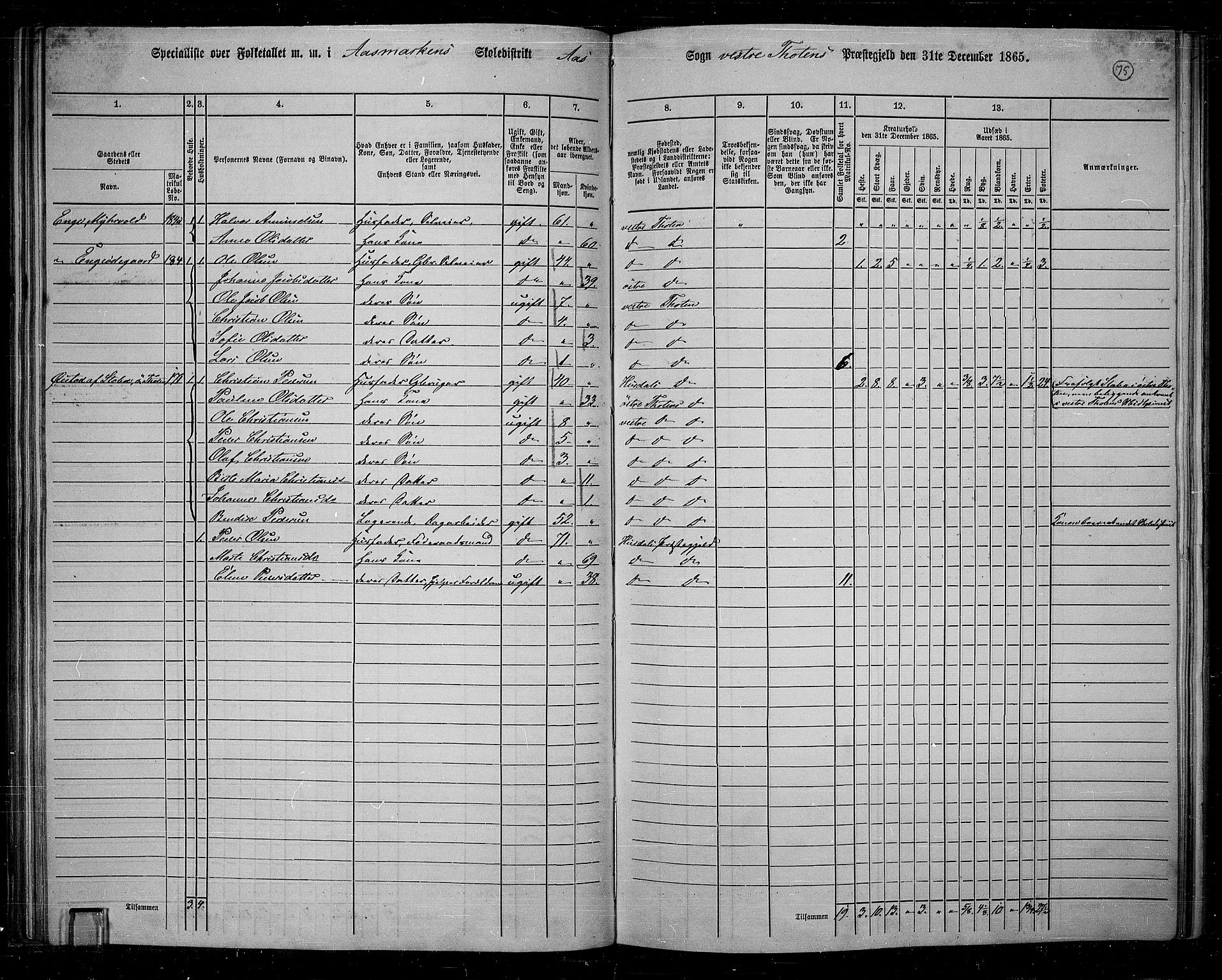RA, 1865 census for Vestre Toten, 1865, p. 71
