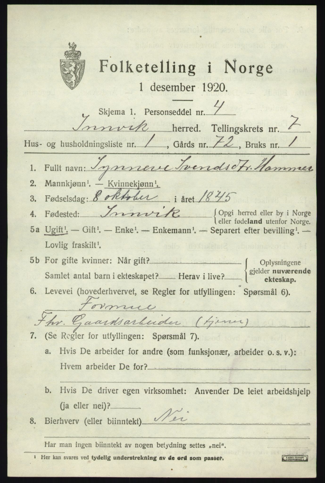 SAB, 1920 census for Innvik, 1920, p. 3153