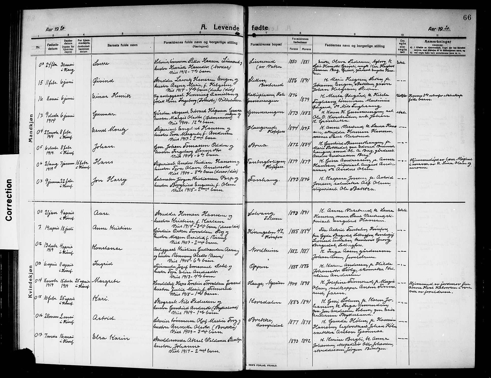 Norderhov kirkebøker, SAKO/A-237/G/Ga/L0009: Parish register (copy) no. I 9, 1913-1920, p. 66