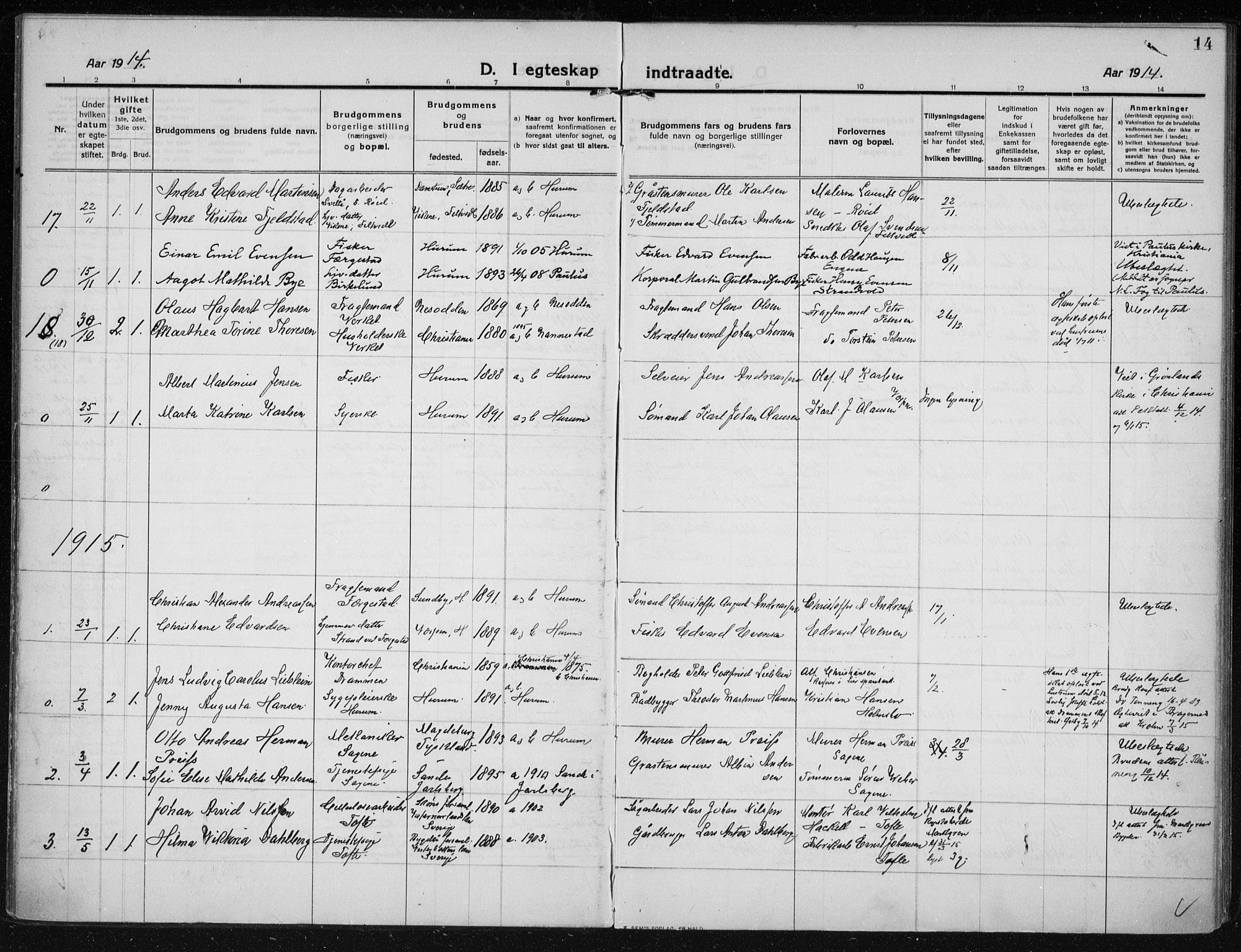 Hurum kirkebøker, SAKO/A-229/F/Fa/L0017: Parish register (official) no. 17, 1910-1925, p. 14