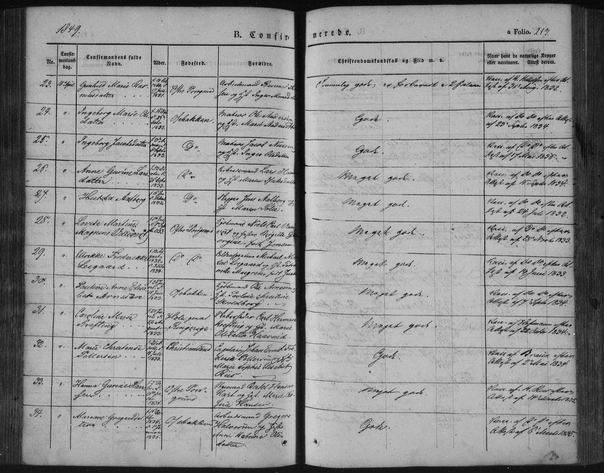 Porsgrunn kirkebøker , AV/SAKO-A-104/F/Fa/L0006: Parish register (official) no. 6, 1841-1857, p. 213