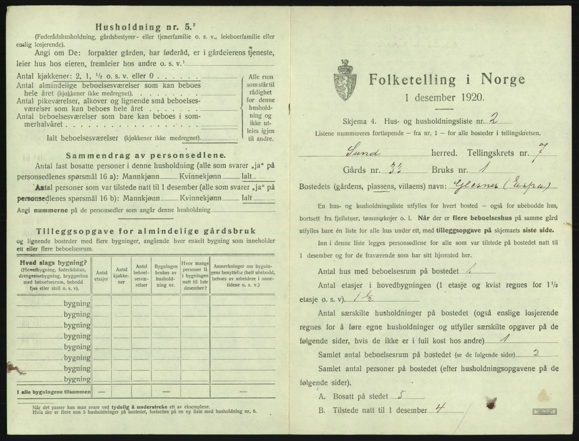 SAB, 1920 census for Sund, 1920, p. 594