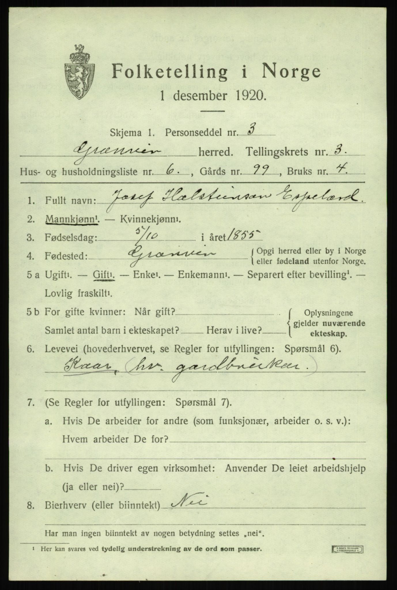 SAB, 1920 census for Granvin, 1920, p. 1228