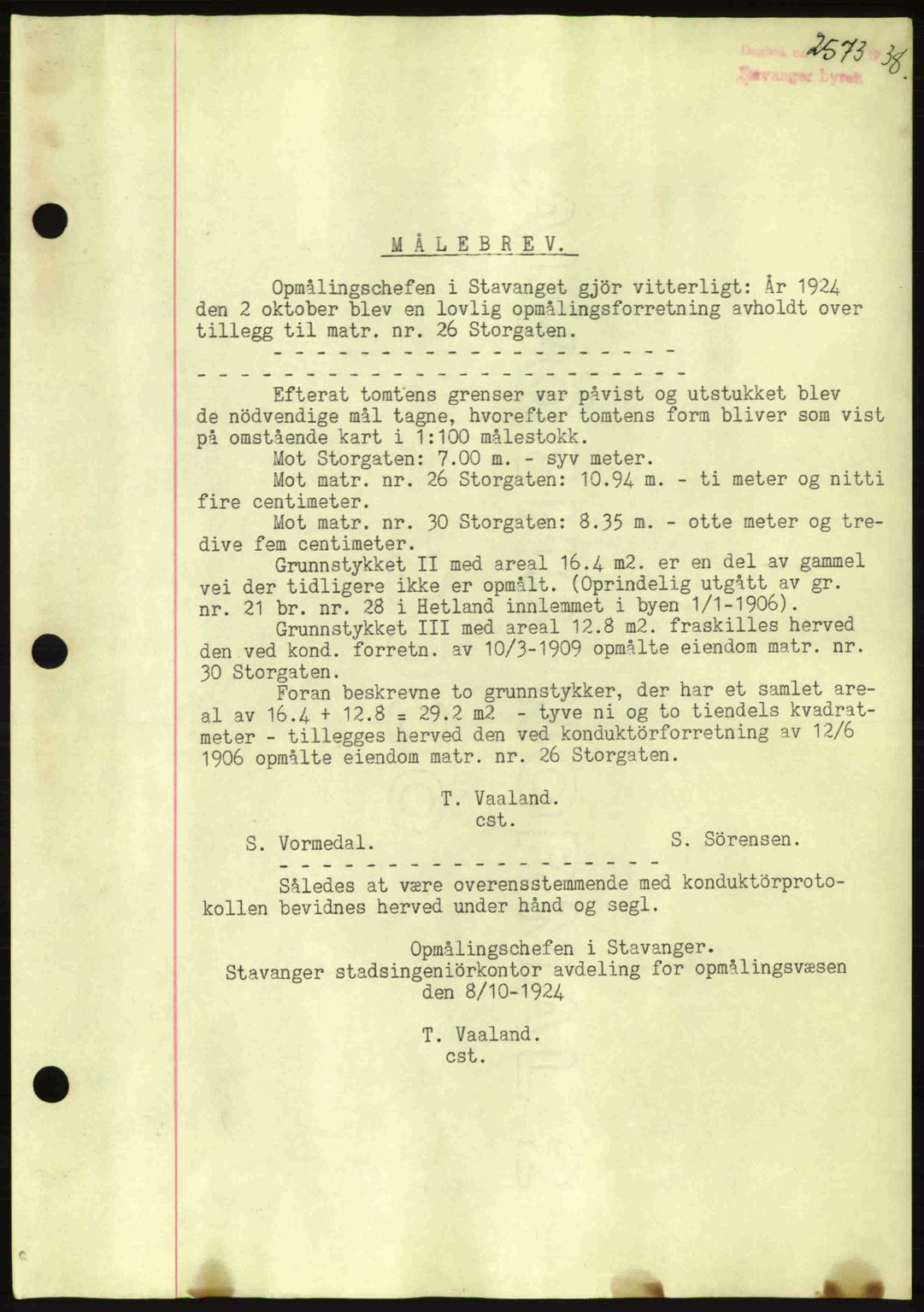 Stavanger byrett, SAST/A-100455/002/G/Gb/L0014: Mortgage book no. A4, 1938-1939, Diary no: : 2573/1938