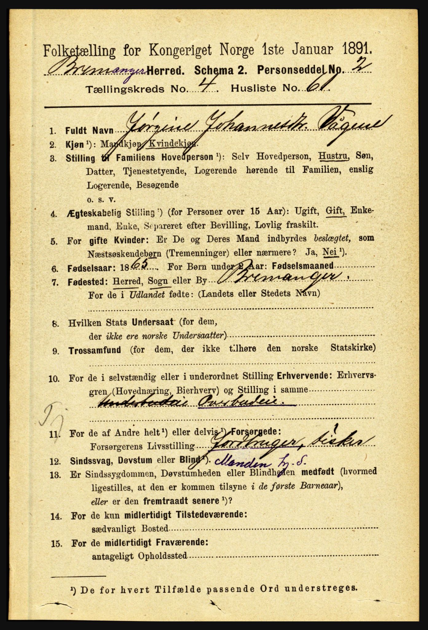 RA, 1891 census for 1438 Bremanger, 1891, p. 1885