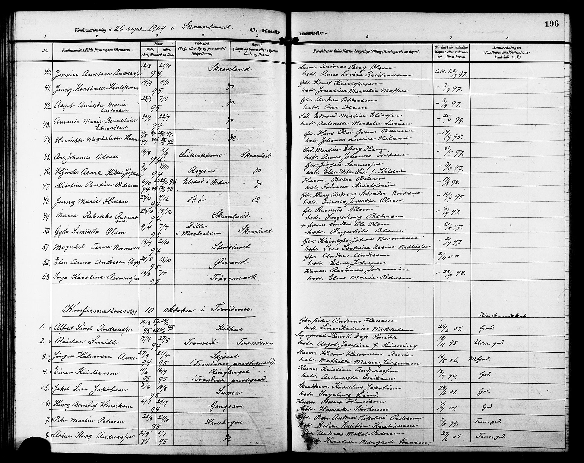 Trondenes sokneprestkontor, SATØ/S-1319/H/Hb/L0012klokker: Parish register (copy) no. 12, 1907-1916, p. 196