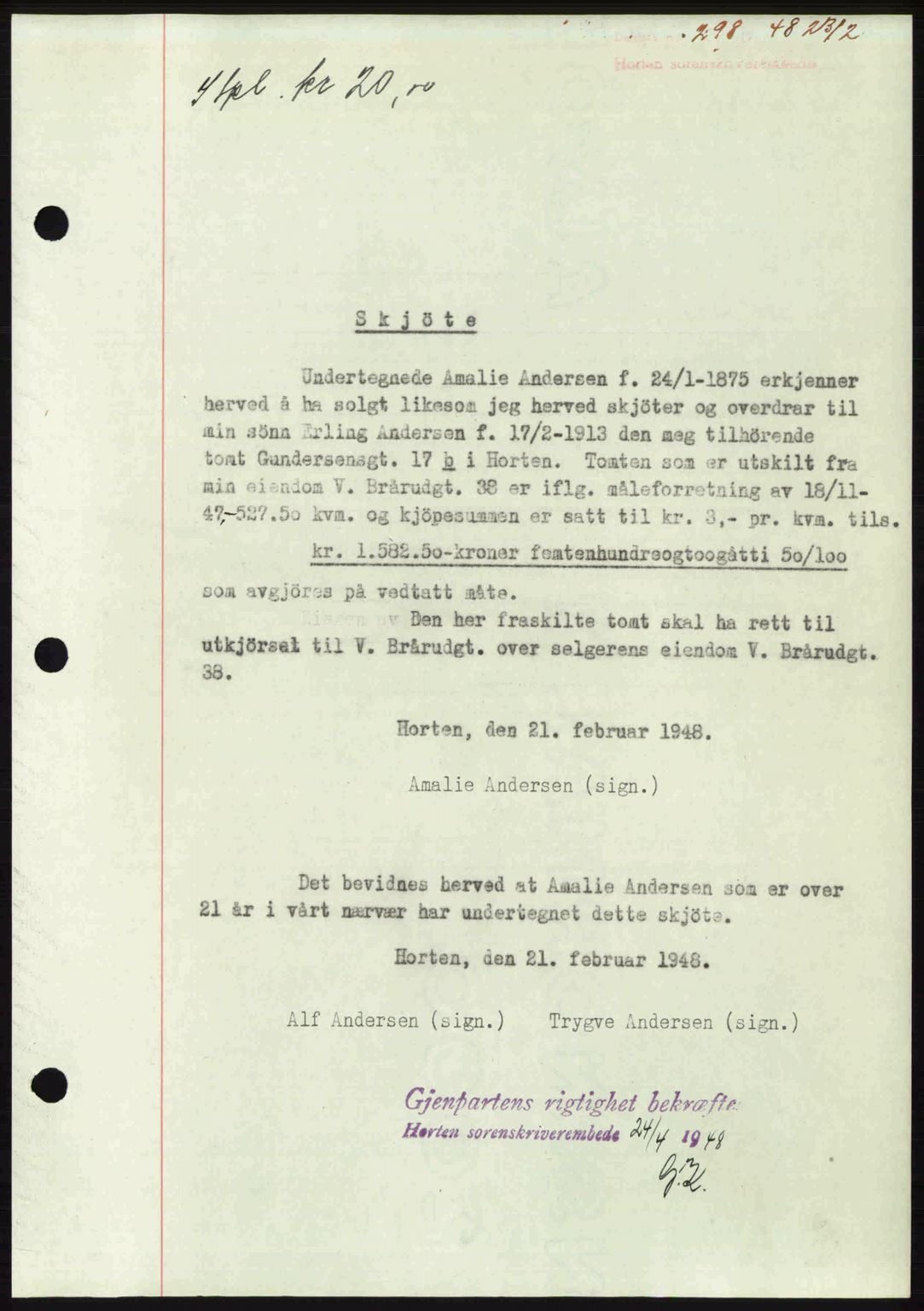 Horten sorenskriveri, AV/SAKO-A-133/G/Ga/Gaa/L0010: Mortgage book no. A-10, 1947-1948, Diary no: : 298/1948