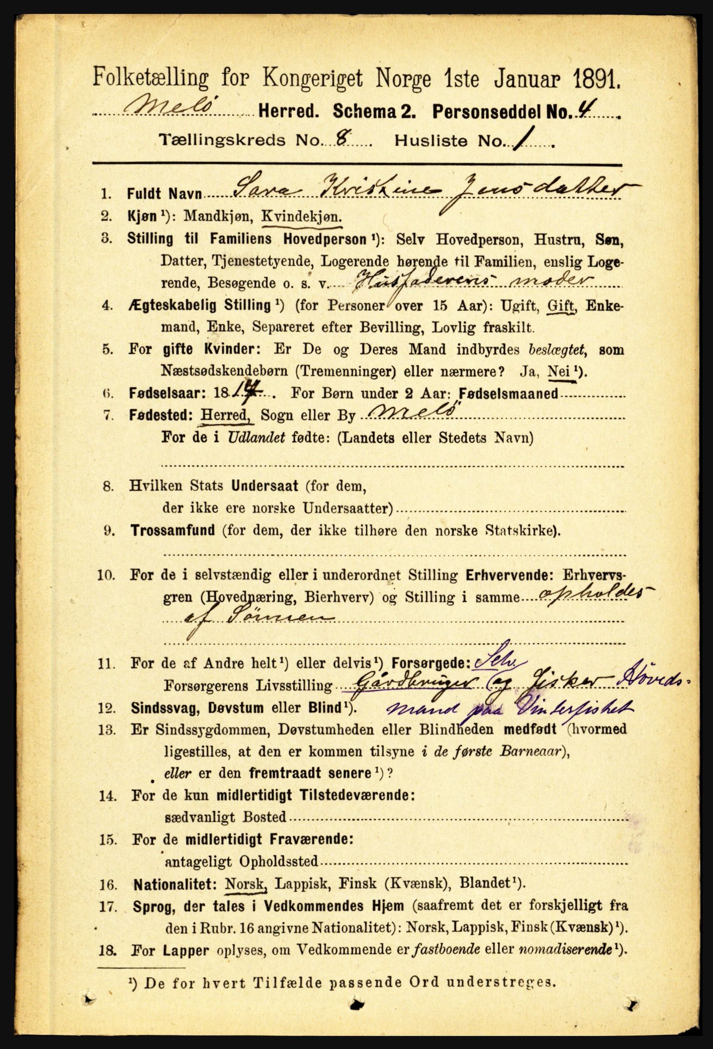 RA, 1891 census for 1837 Meløy, 1891, p. 3319