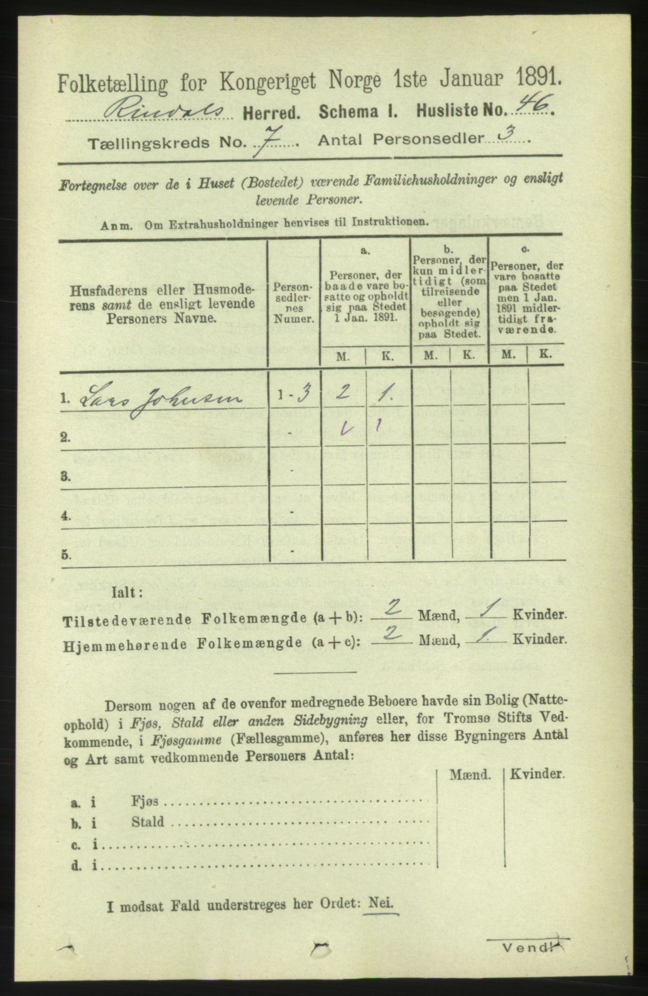 RA, 1891 census for 1567 Rindal, 1891, p. 2009
