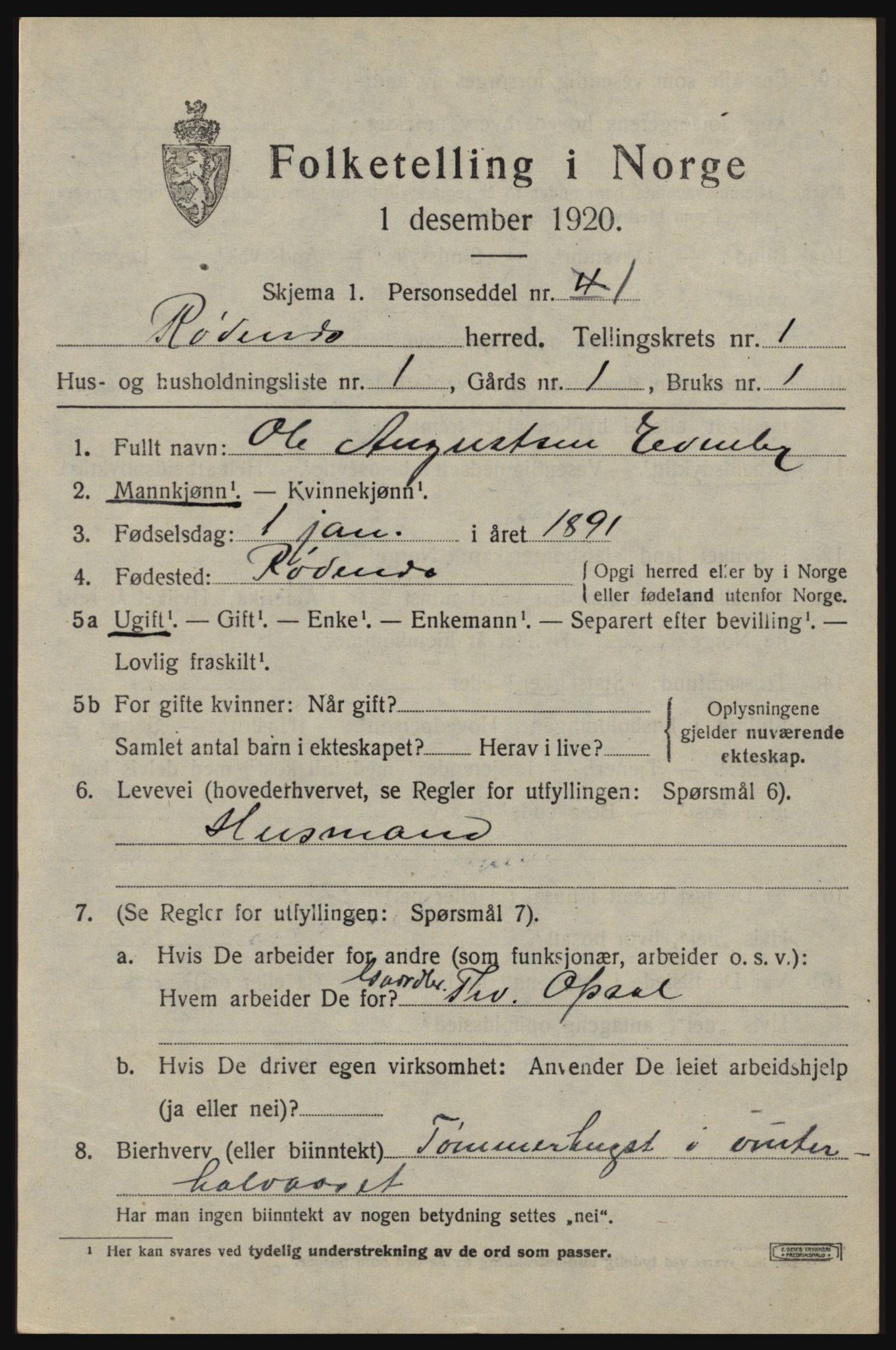 SAO, 1920 census for Rødenes, 1920, p. 564