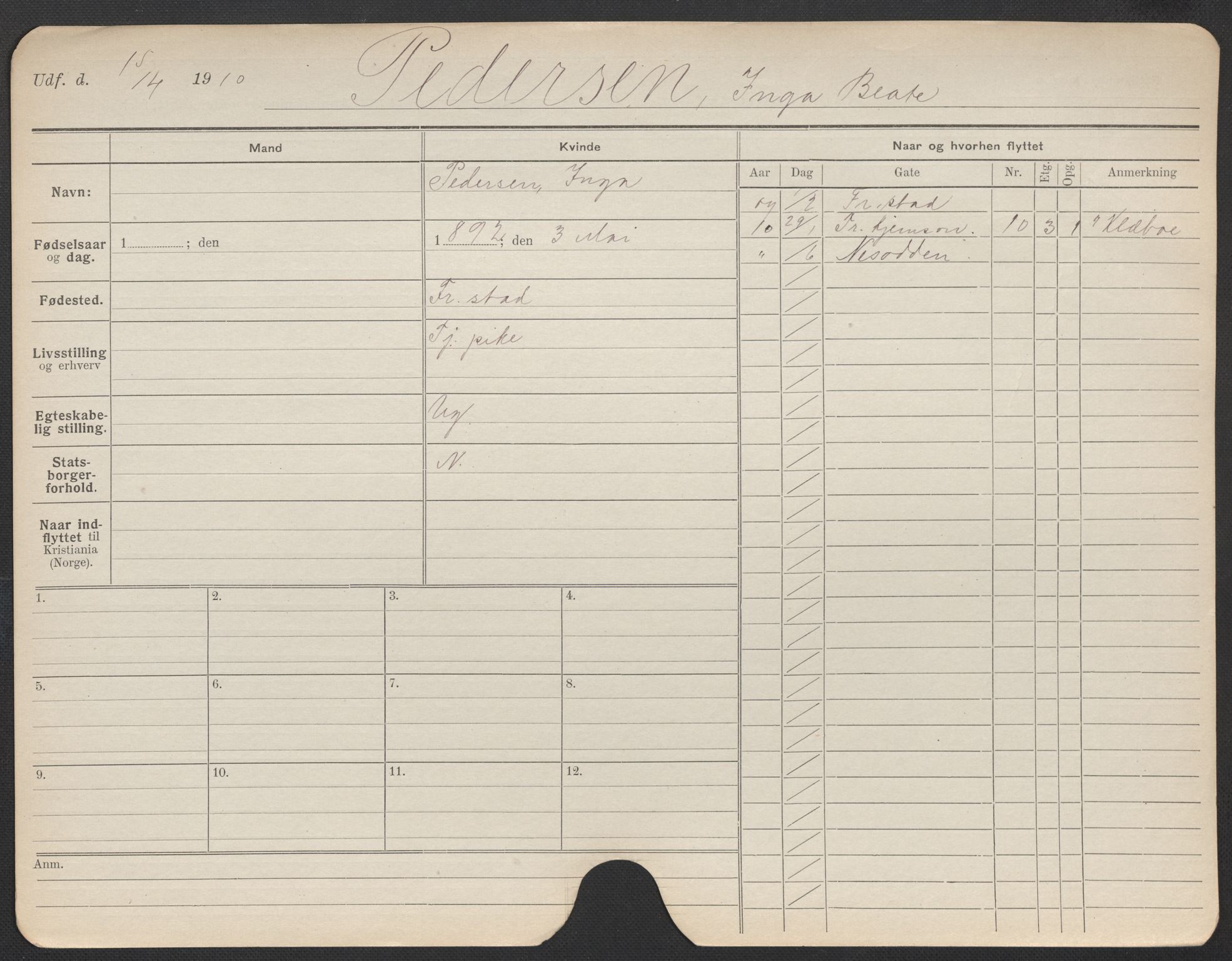 Oslo folkeregister, Registerkort, AV/SAO-A-11715/F/Fa/Fac/L0022: Kvinner, 1906-1914, p. 723a