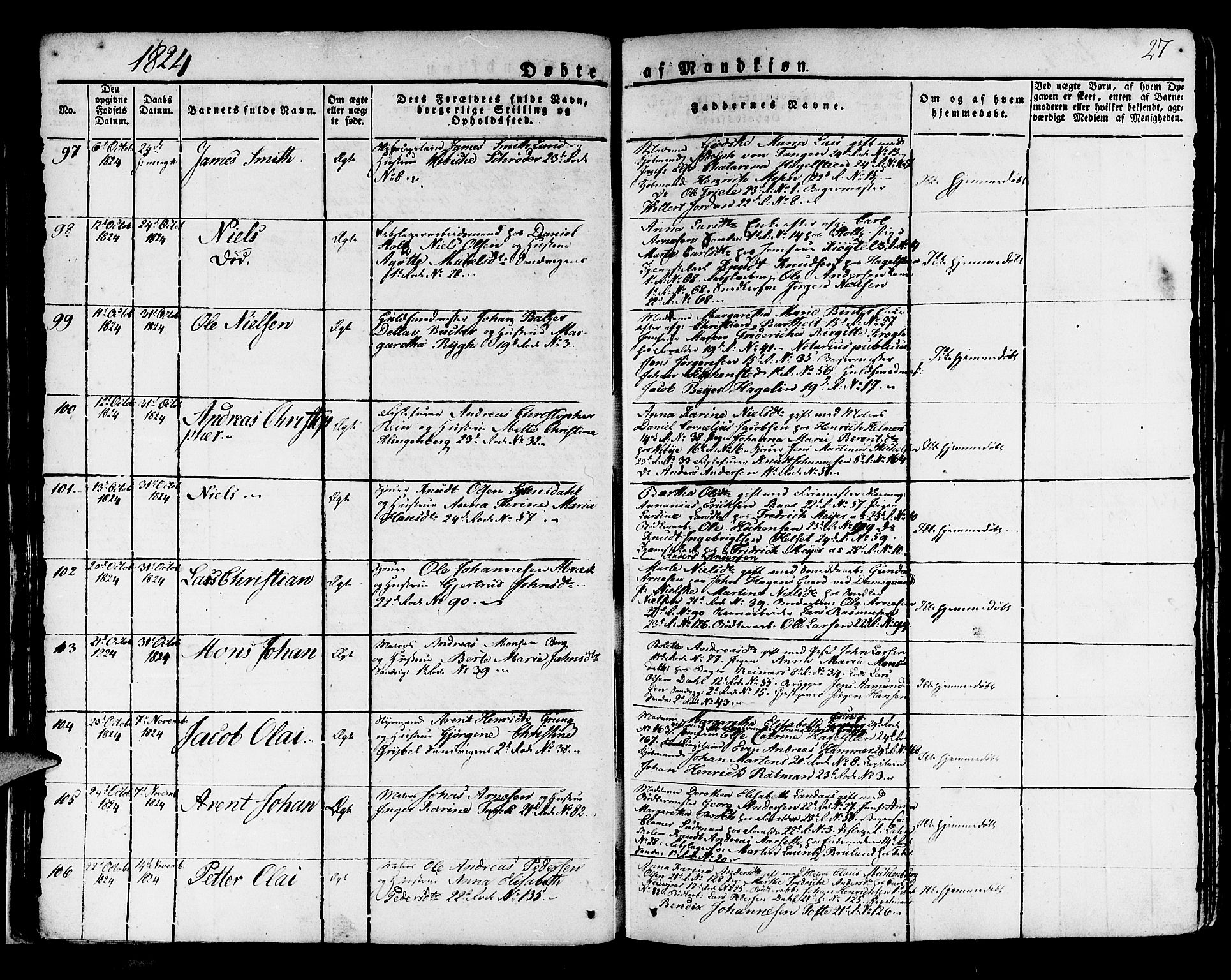 Korskirken sokneprestembete, AV/SAB-A-76101/H/Haa/L0014: Parish register (official) no. A 14, 1823-1835, p. 27