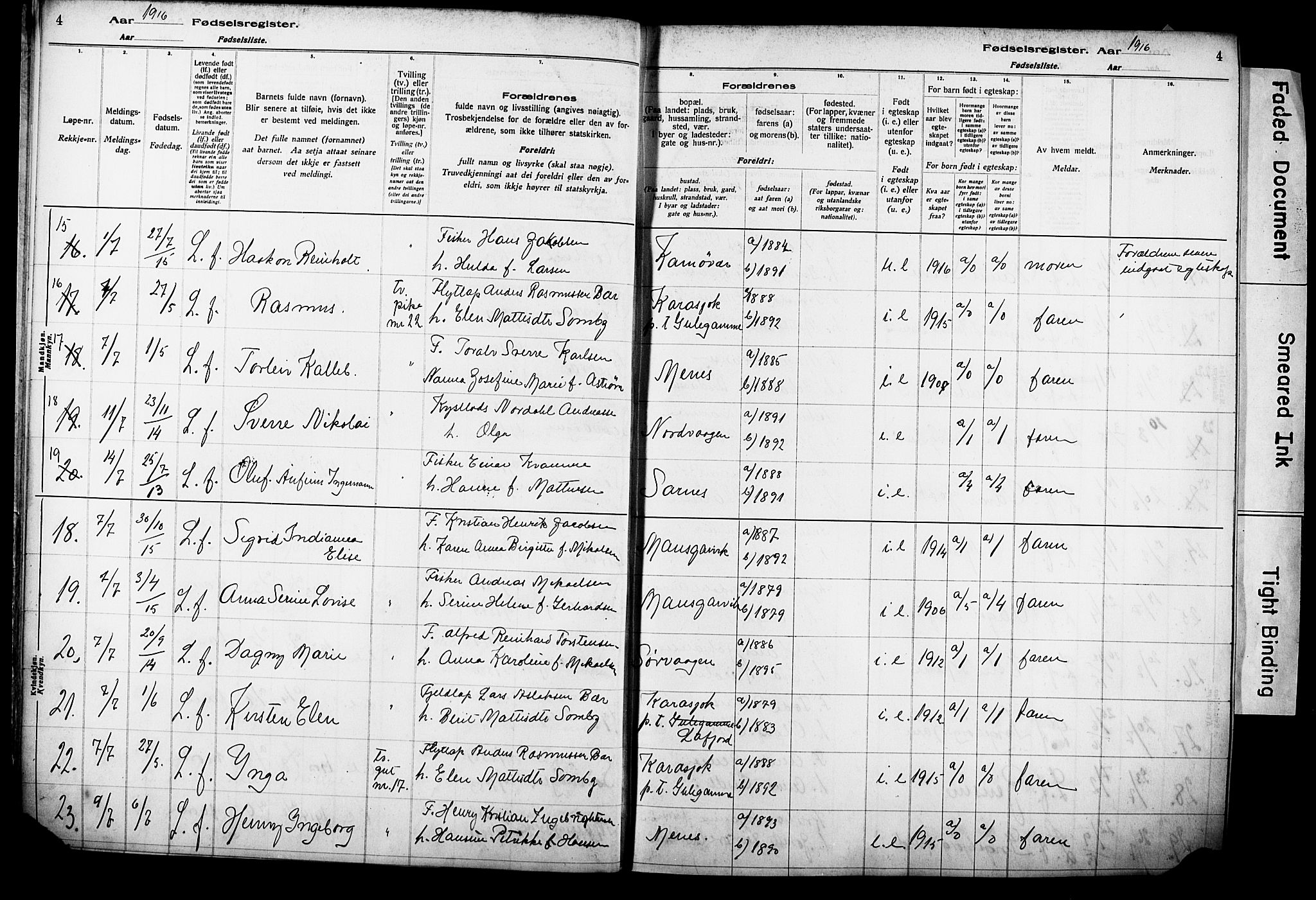 Kjelvik/Nordkapp sokneprestkontor, AV/SATØ-S-1350/I/Ia/L0015: Birth register no. 15, 1916-1930, p. 4