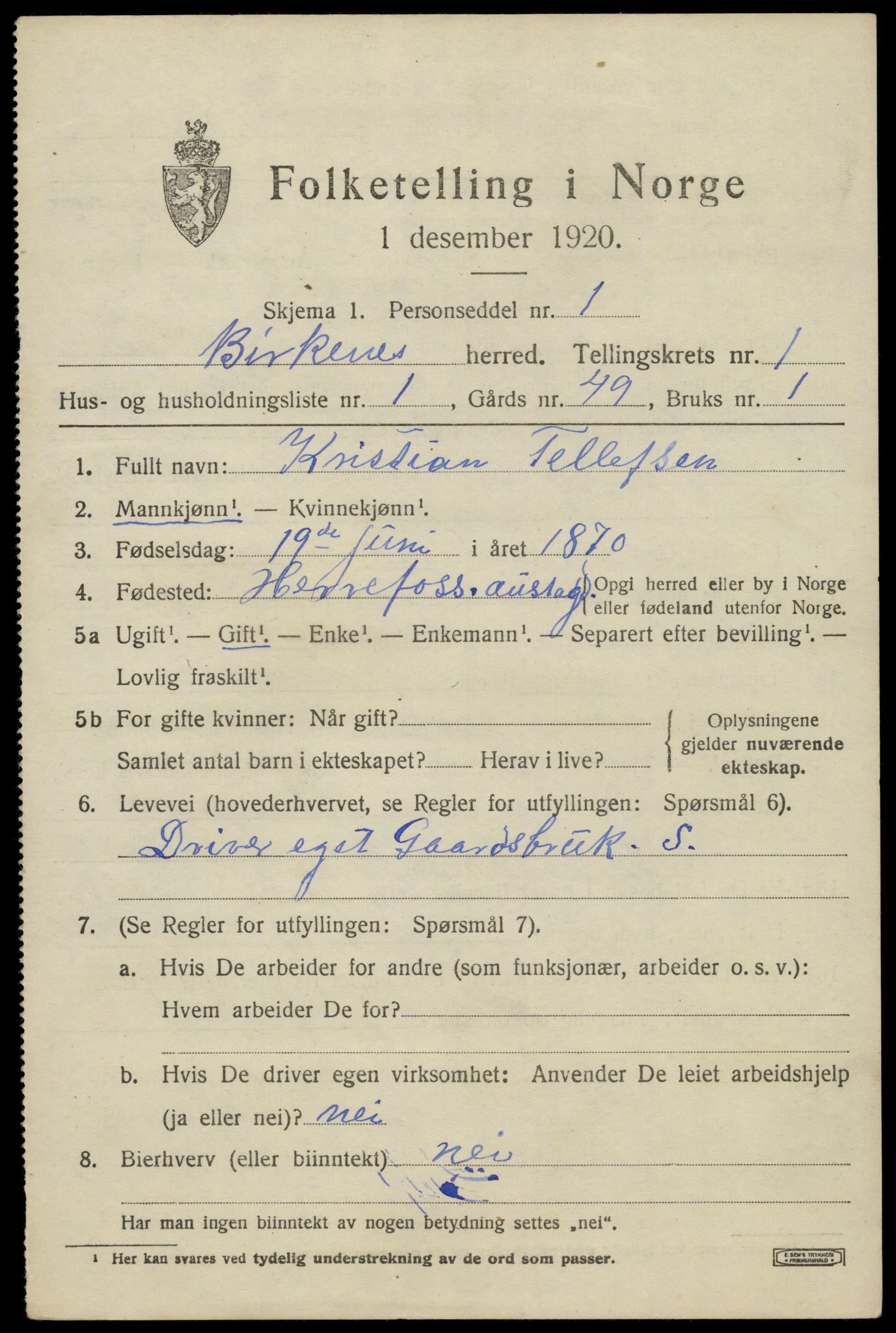 SAK, 1920 census for Birkenes, 1920, p. 785