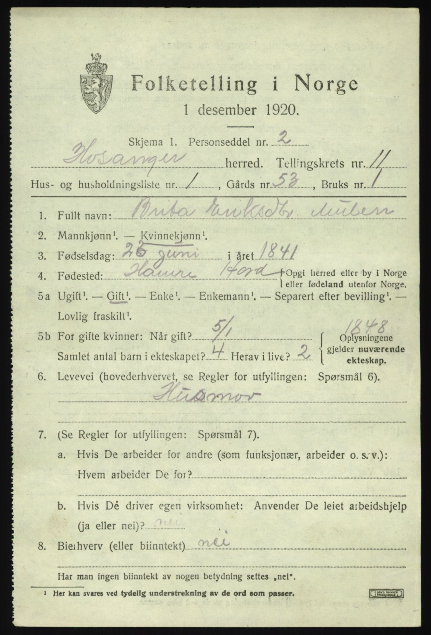 SAB, 1920 census for Hosanger, 1920, p. 4701