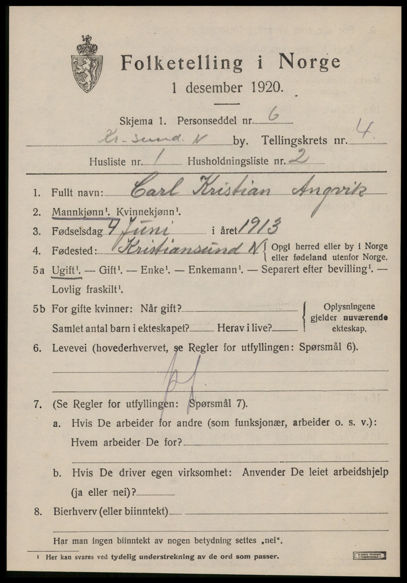 SAT, 1920 census for Kristiansund, 1920, p. 14911