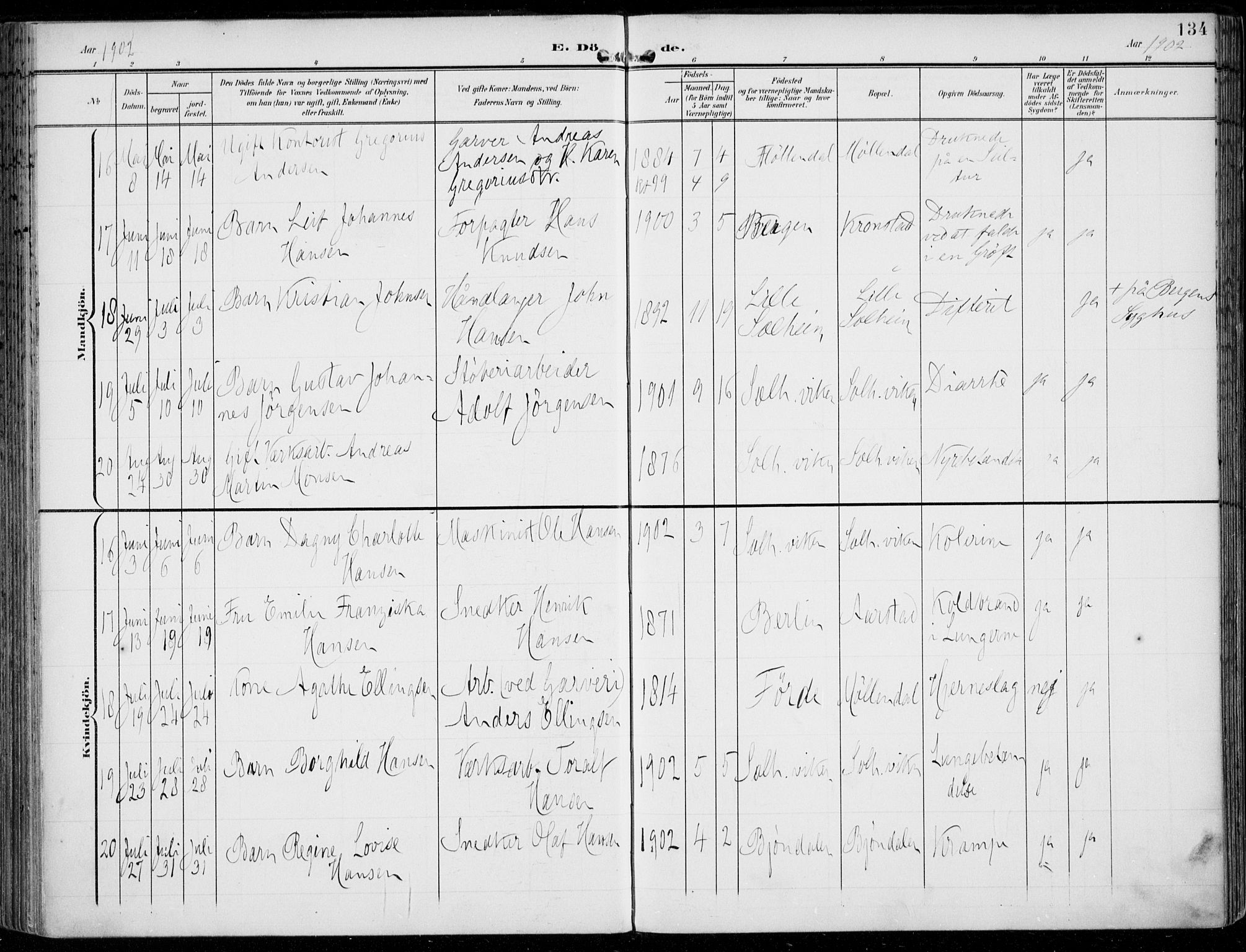 Årstad Sokneprestembete, AV/SAB-A-79301/H/Haa/L0009: Parish register (official) no. C 1, 1902-1918, p. 134