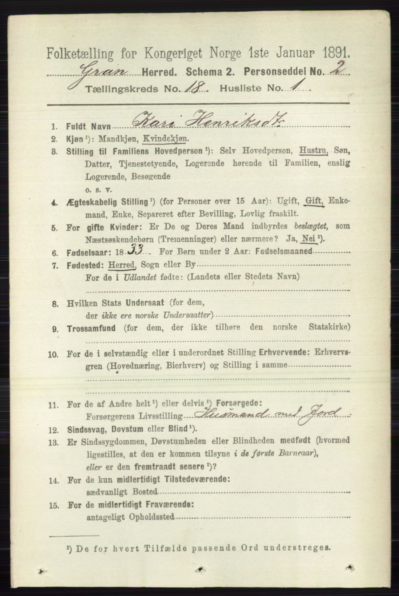 RA, 1891 census for 0534 Gran, 1891, p. 9537