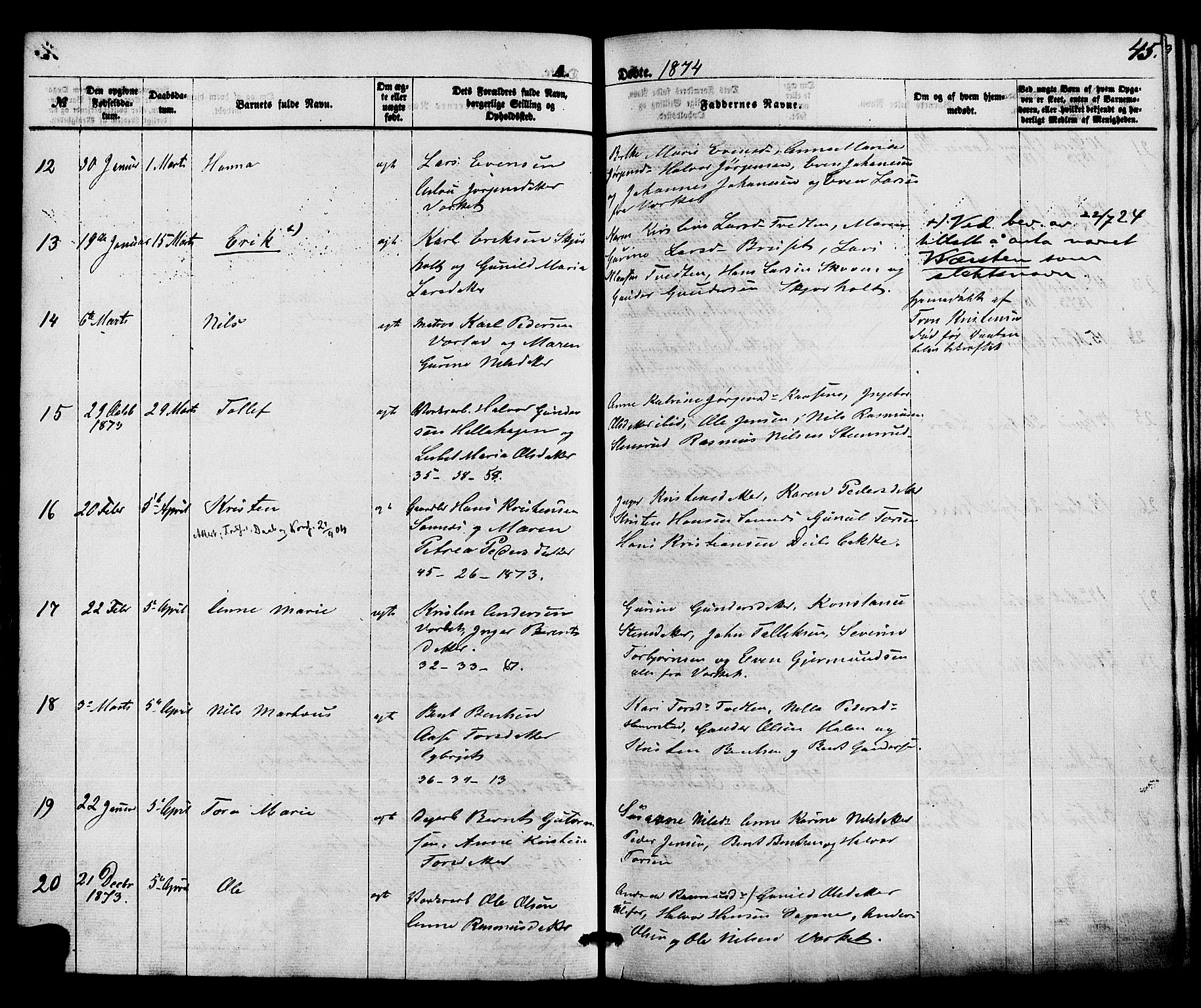 Holla kirkebøker, AV/SAKO-A-272/F/Fa/L0007: Parish register (official) no. 7, 1869-1881, p. 45