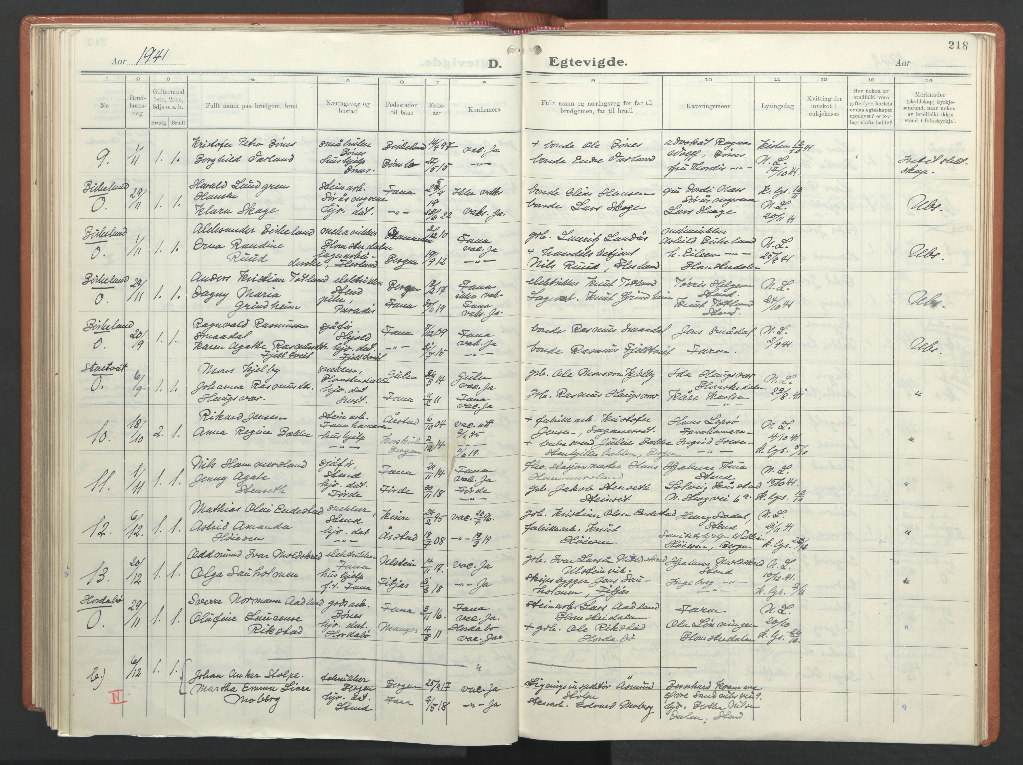 Fana Sokneprestembete, AV/SAB-A-75101/H/Haa/Haab/L0007: Parish register (official) no. B 7, 1934-1947, p. 218