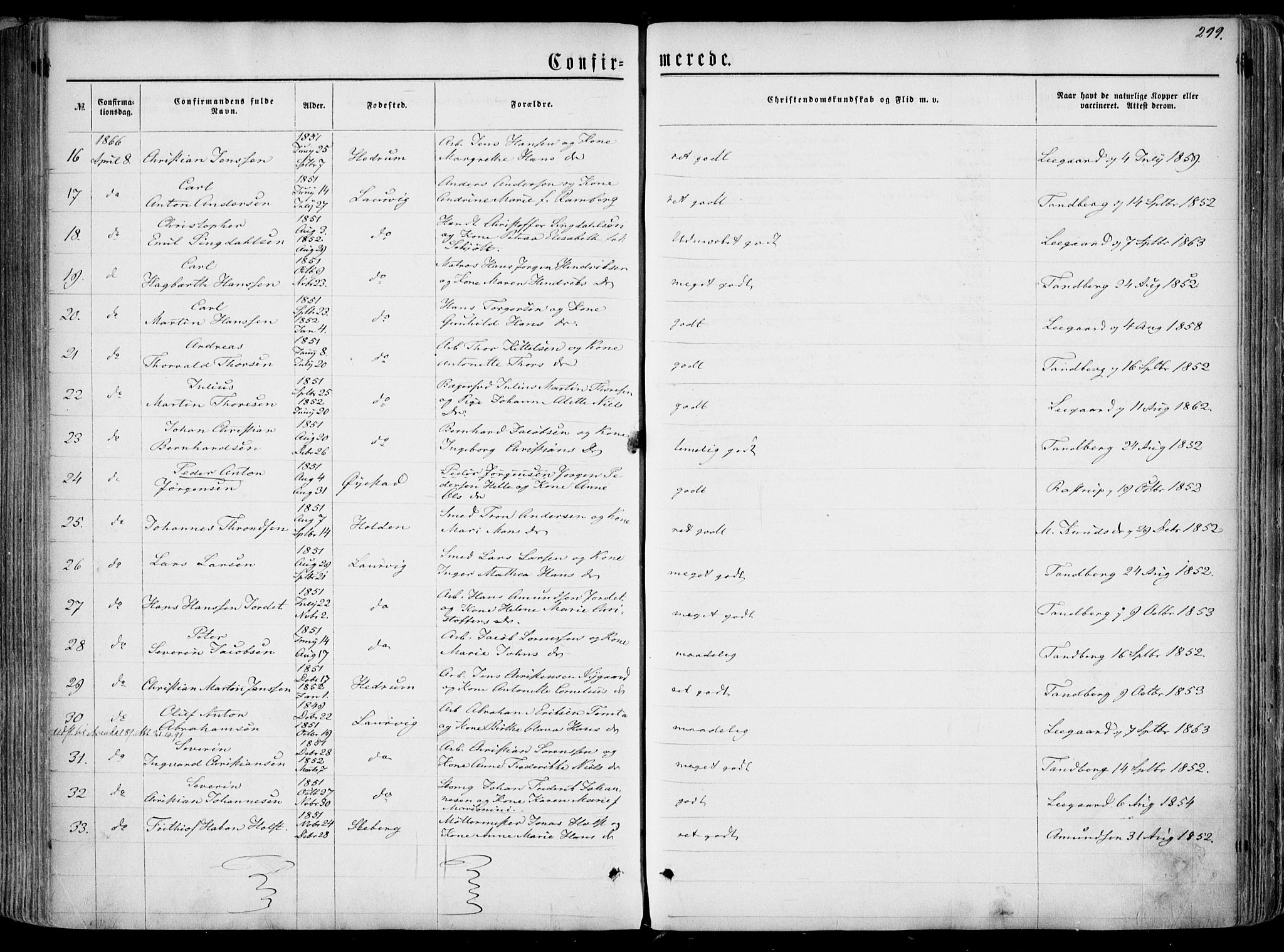 Larvik kirkebøker, AV/SAKO-A-352/F/Fa/L0004: Parish register (official) no. I 4, 1856-1870, p. 299