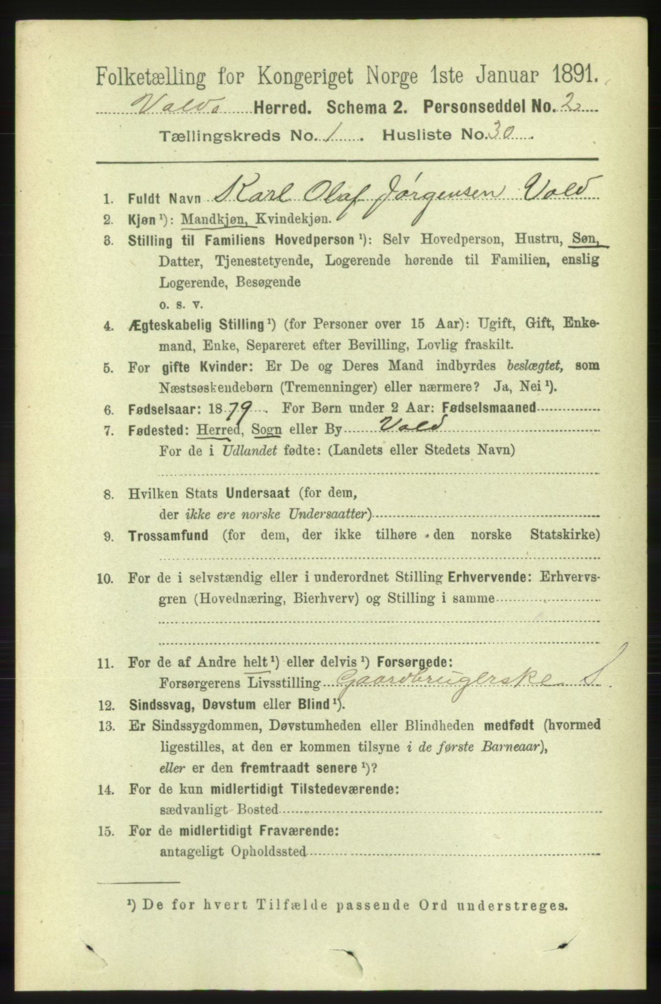 RA, 1891 census for 1537 Voll, 1891, p. 263