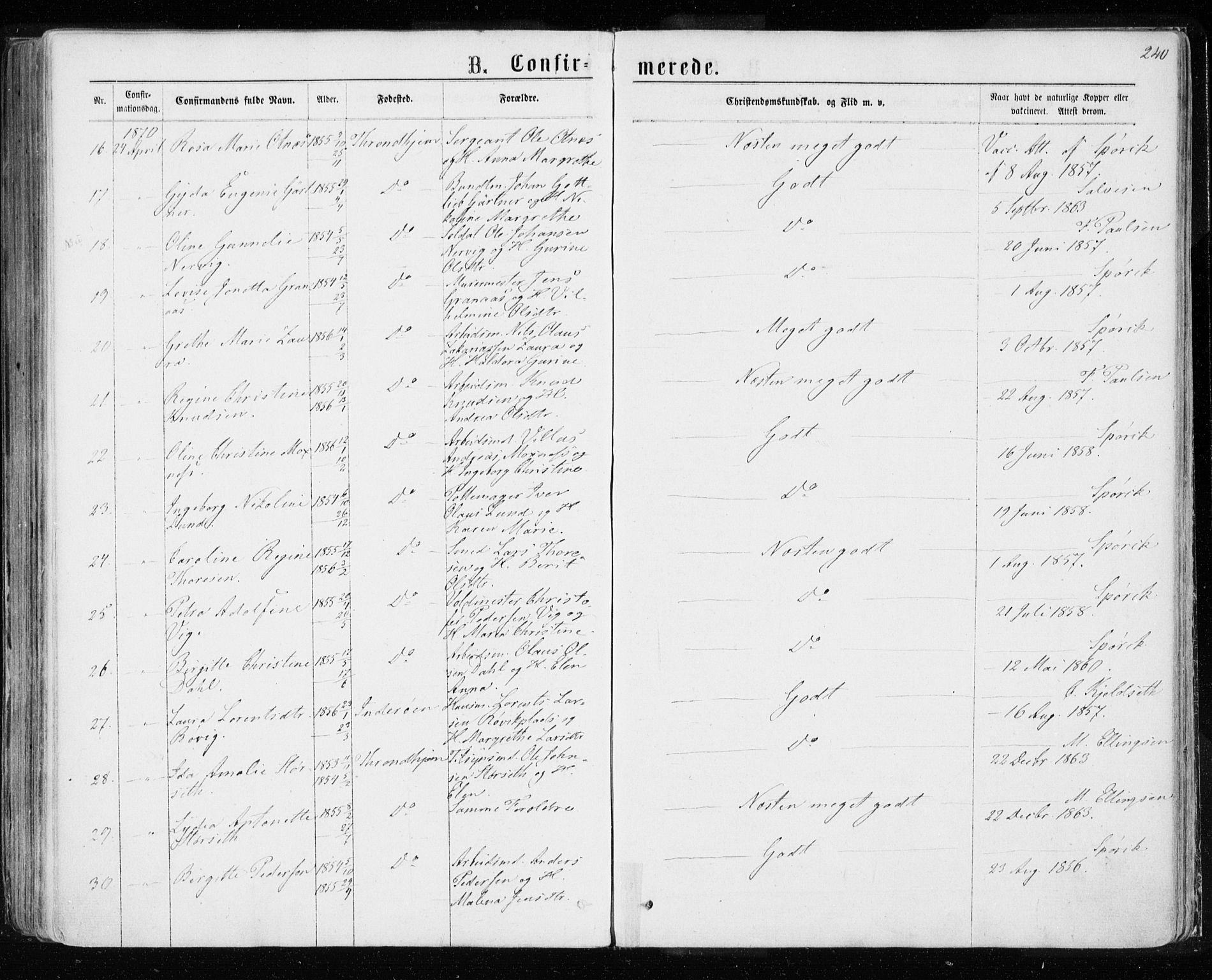 Ministerialprotokoller, klokkerbøker og fødselsregistre - Sør-Trøndelag, AV/SAT-A-1456/601/L0054: Parish register (official) no. 601A22, 1866-1877, p. 240