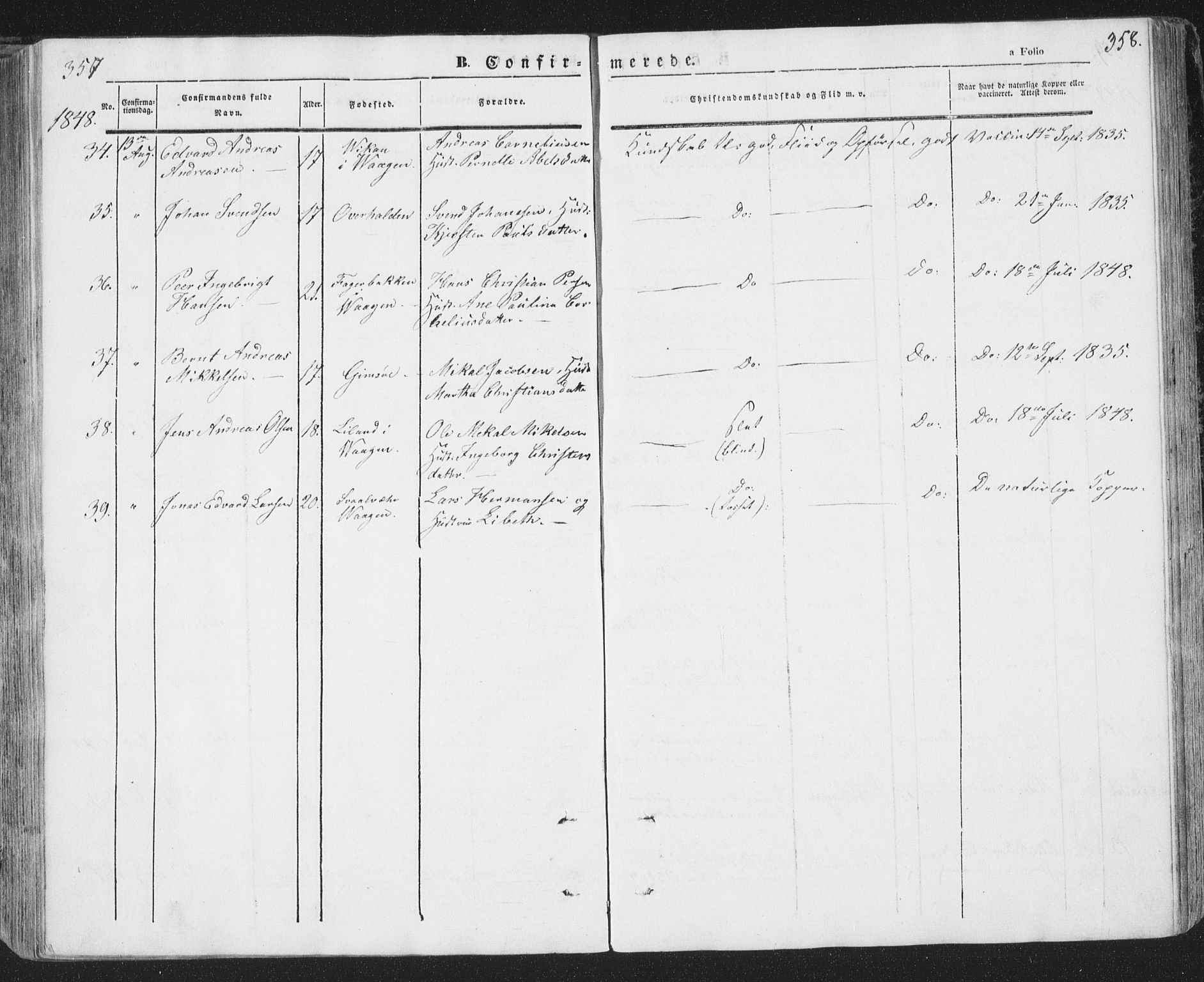 Ministerialprotokoller, klokkerbøker og fødselsregistre - Nordland, SAT/A-1459/874/L1072: Parish register (copy) no. 874C01, 1843-1859, p. 357-358
