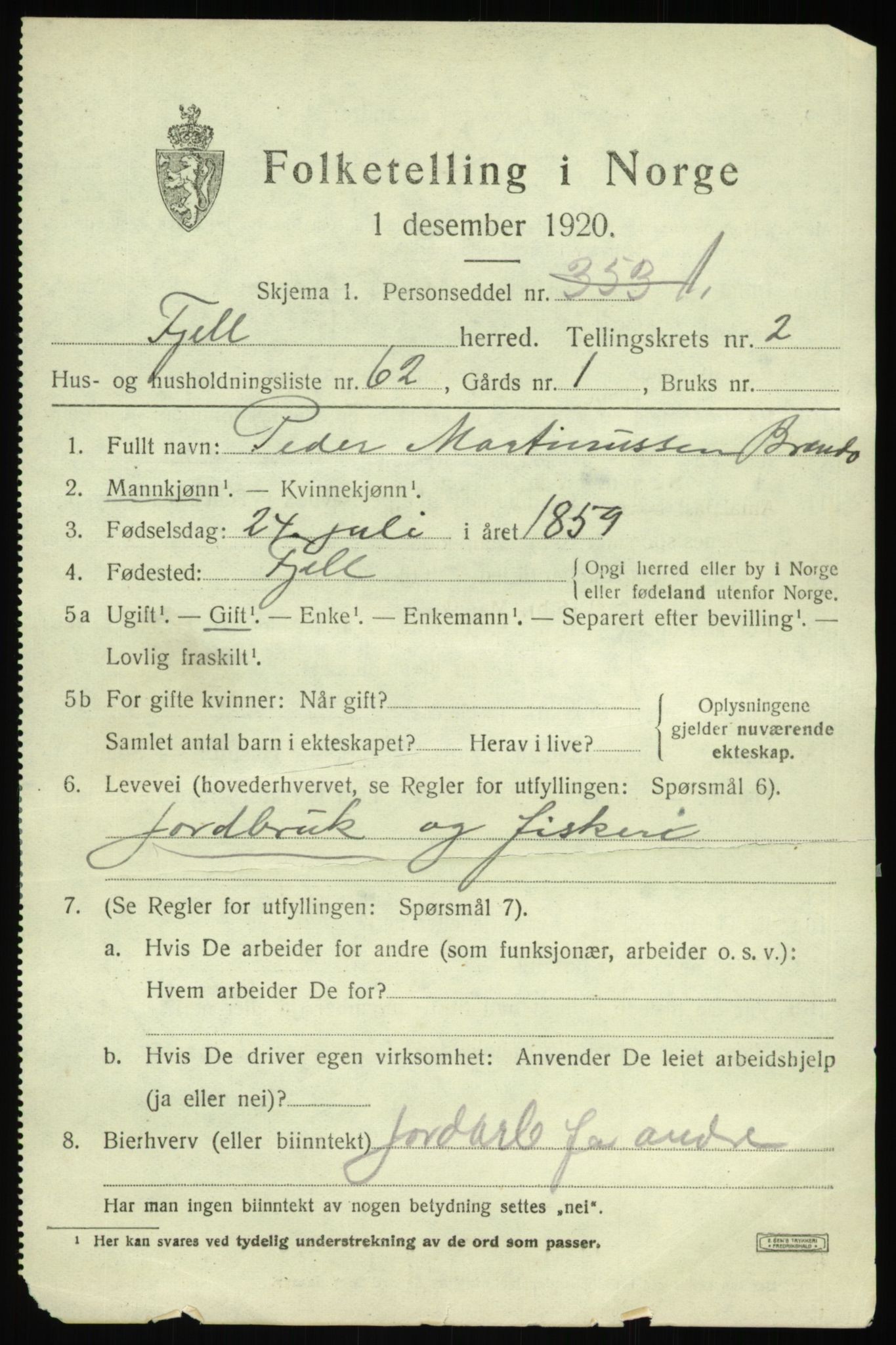 SAB, 1920 census for Fjell, 1920, p. 2952