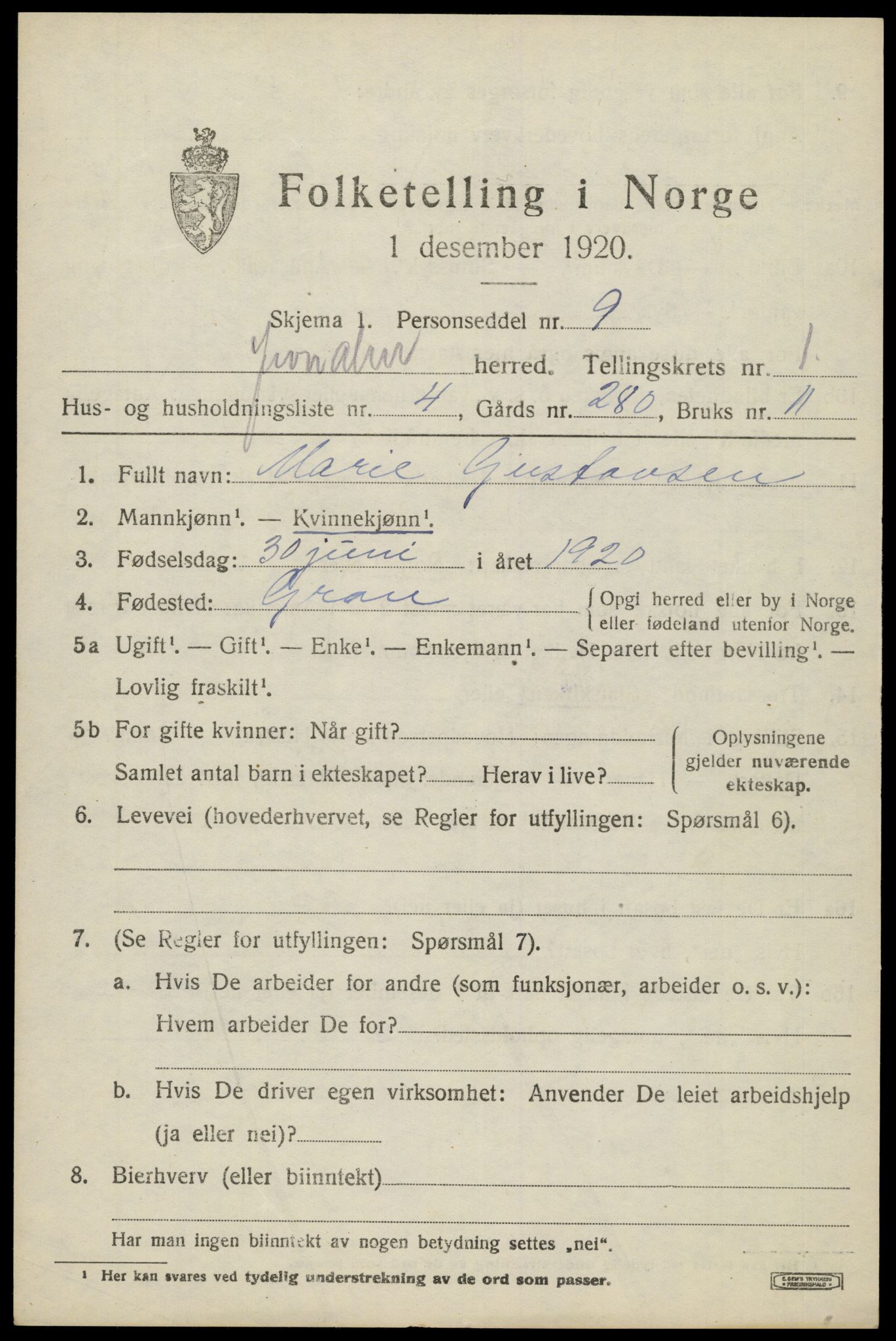 SAH, 1920 census for Gran, 1920, p. 1728