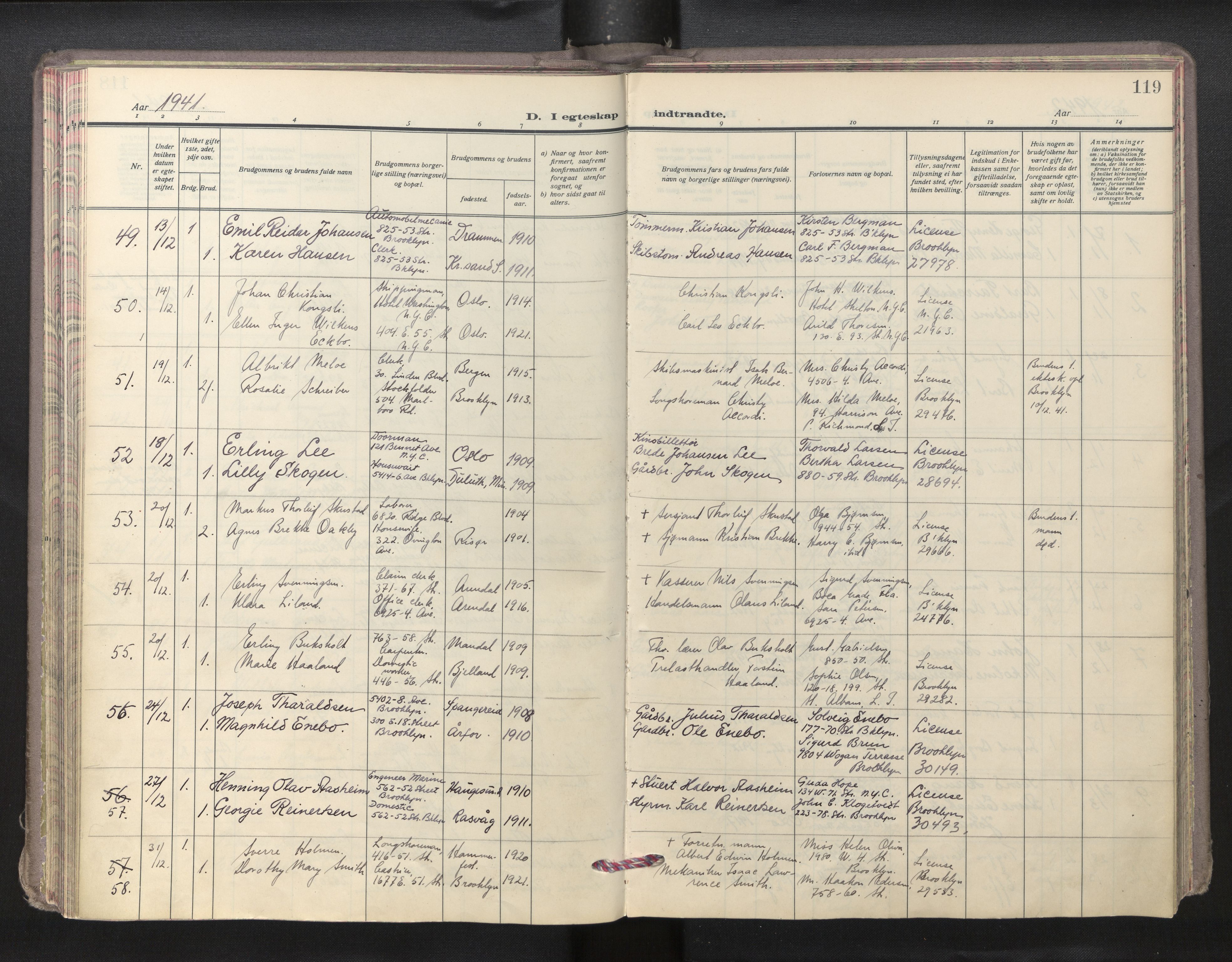 Den norske sjømannsmisjon i utlandet/New York, AV/SAB-SAB/PA-0110/H/Ha/L0009: Parish register (official) no. A 9, 1935-1945, p. 118b-119a