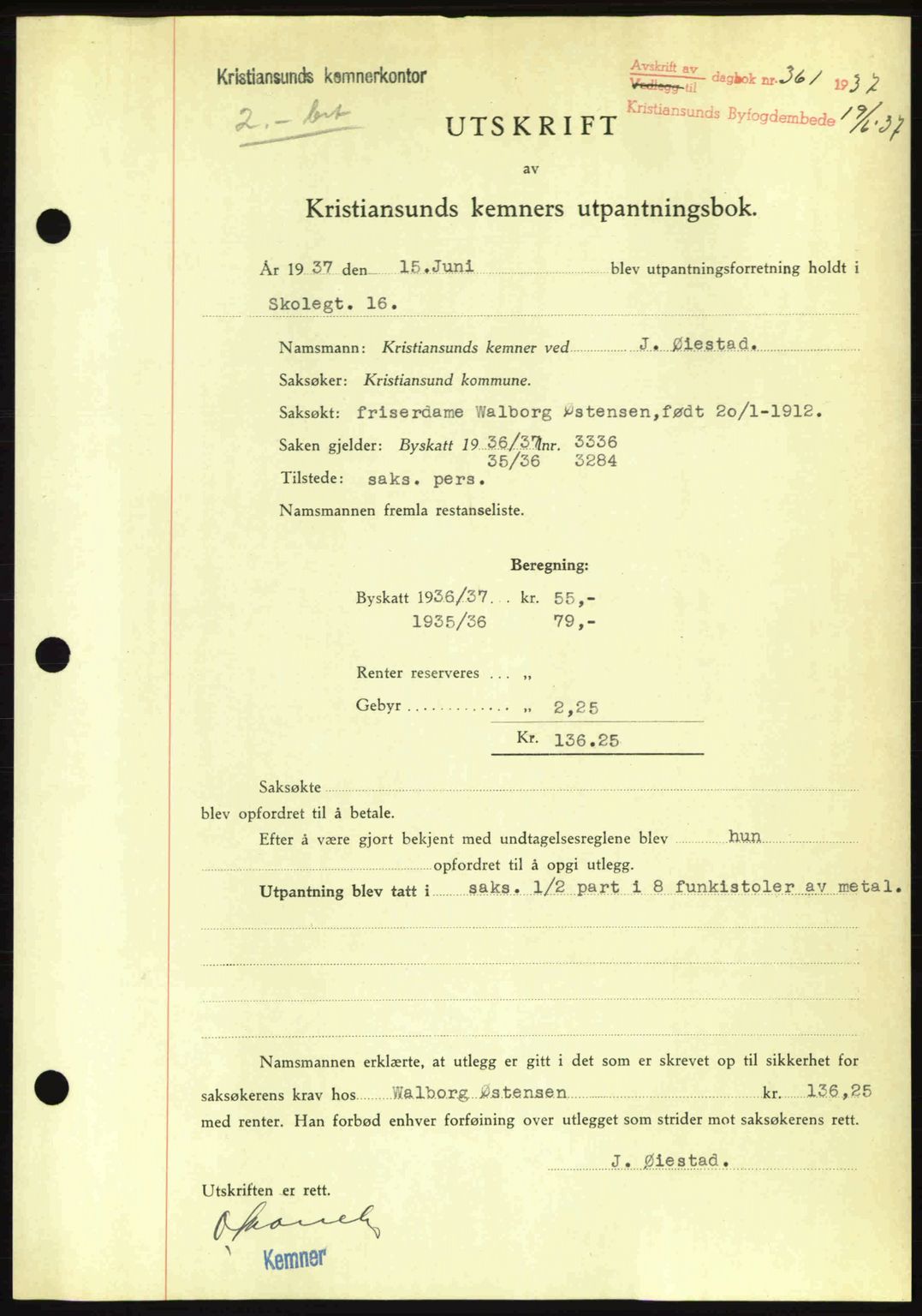 Kristiansund byfogd, AV/SAT-A-4587/A/27: Mortgage book no. 29, 1936-1937, Diary no: : 361/1937