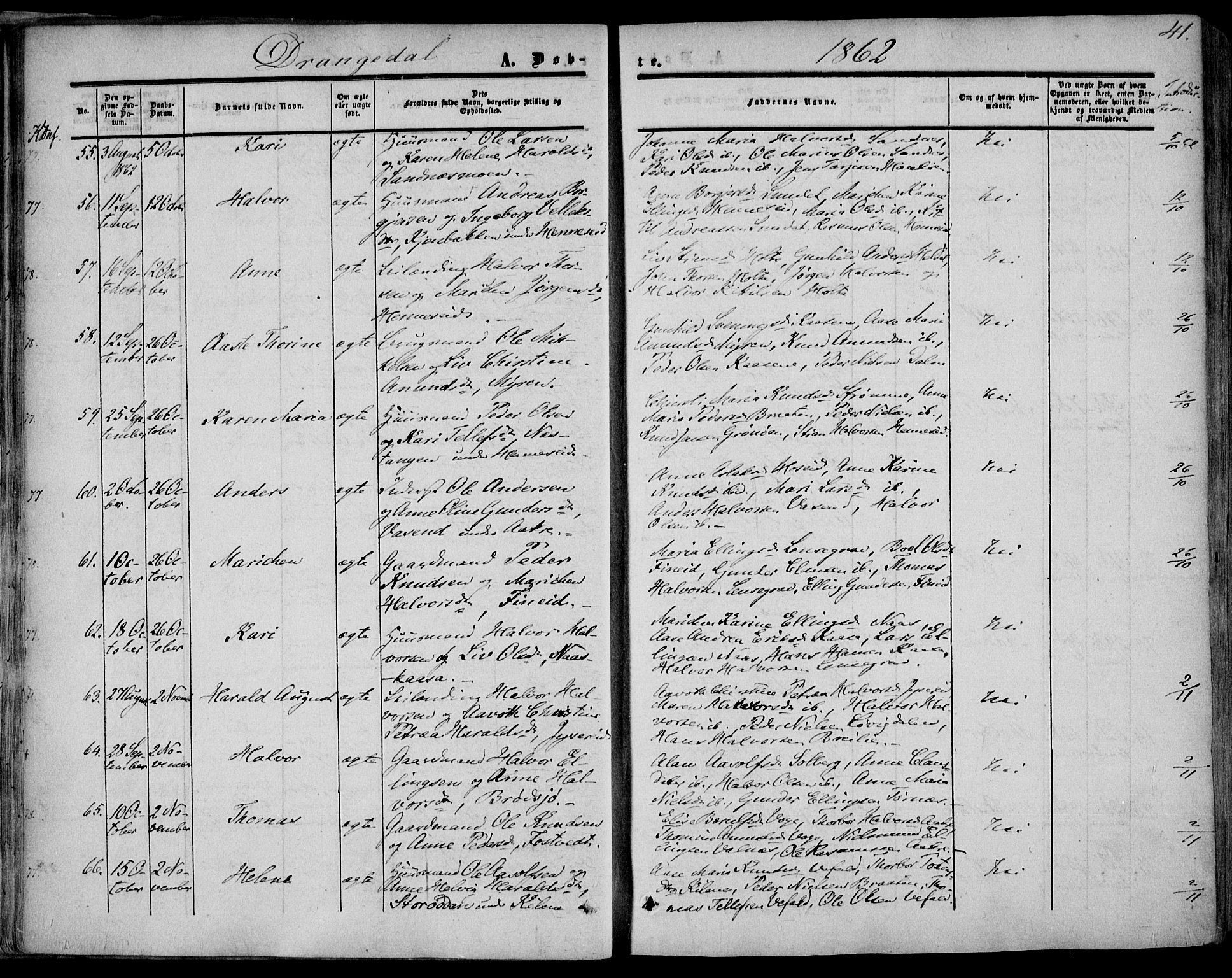 Drangedal kirkebøker, SAKO/A-258/F/Fa/L0008: Parish register (official) no. 8, 1857-1871, p. 41