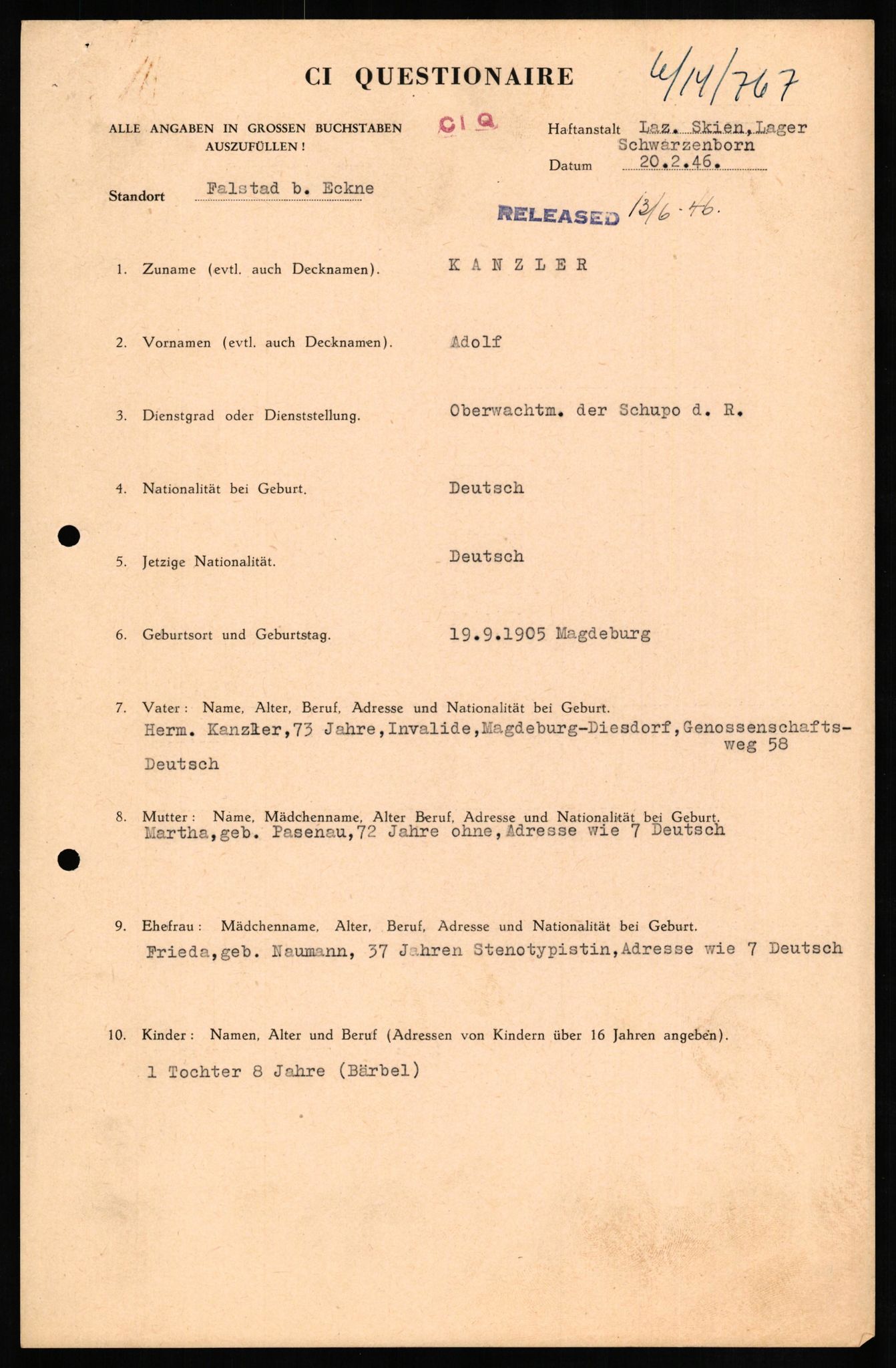 Forsvaret, Forsvarets overkommando II, AV/RA-RAFA-3915/D/Db/L0015: CI Questionaires. Tyske okkupasjonsstyrker i Norge. Tyskere., 1945-1946, p. 367