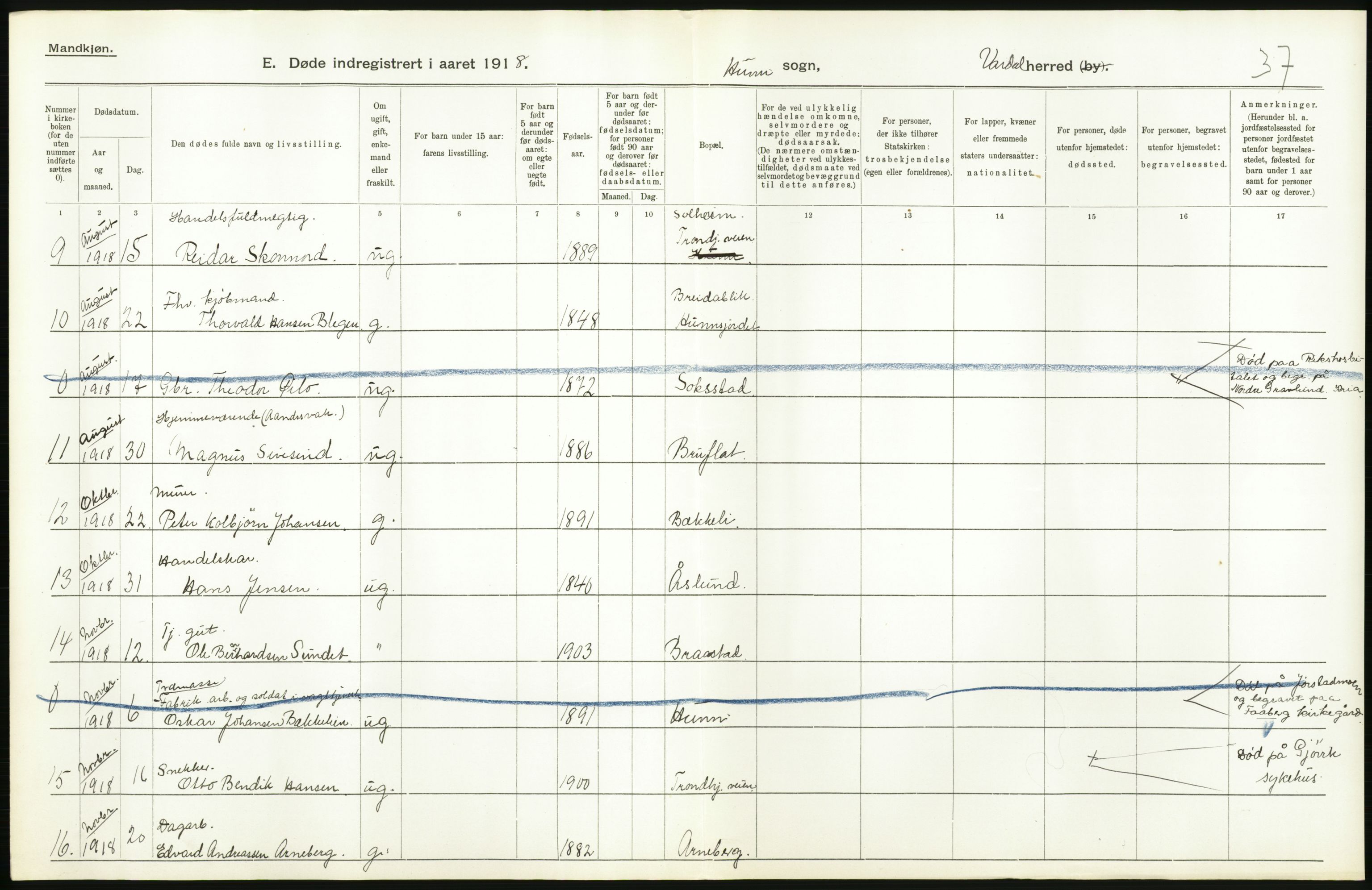 Statistisk sentralbyrå, Sosiodemografiske emner, Befolkning, AV/RA-S-2228/D/Df/Dfb/Dfbh/L0017: Oppland fylke: Døde. Bygder og byer., 1918, p. 348