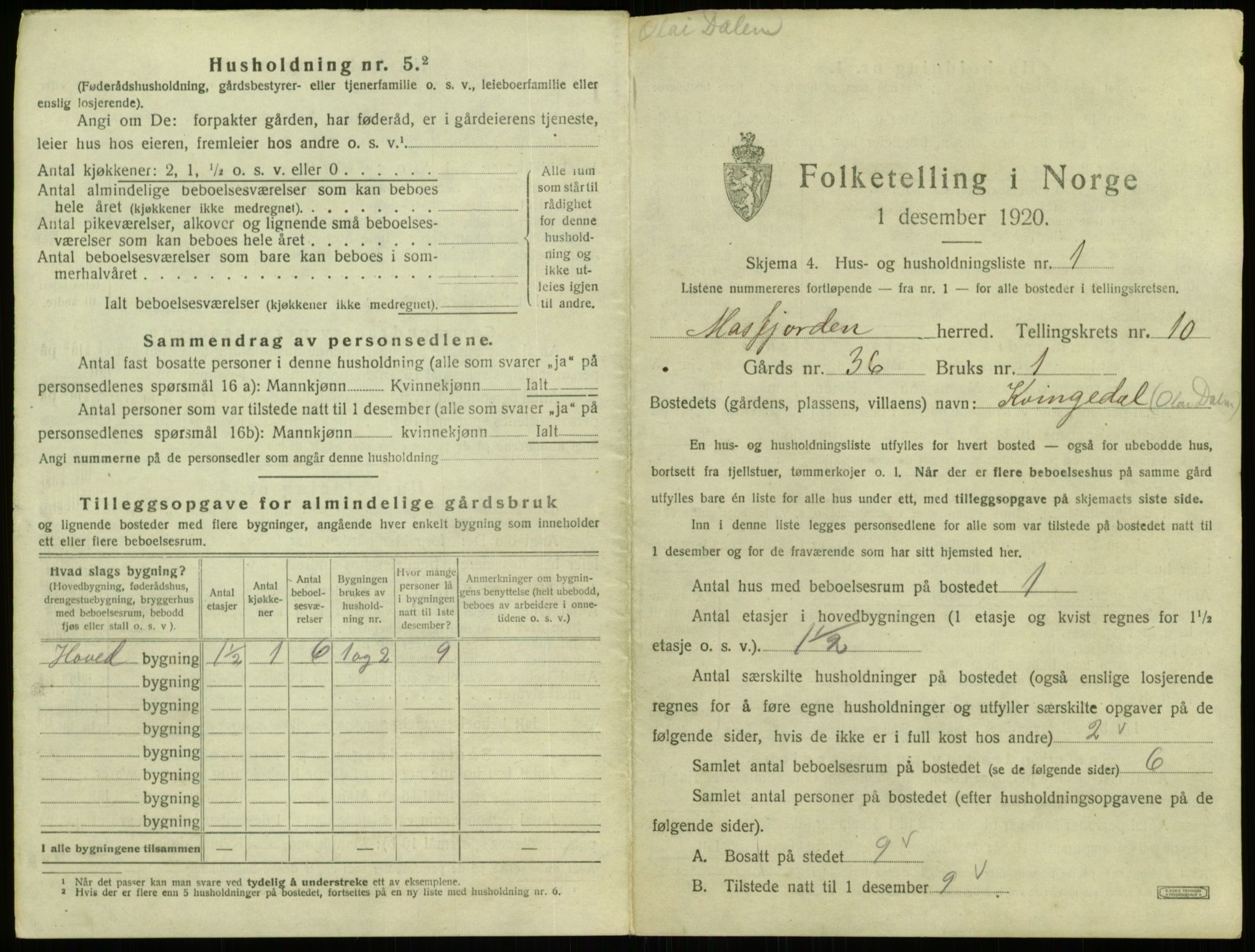 SAB, 1920 census for Masfjorden, 1920, p. 465