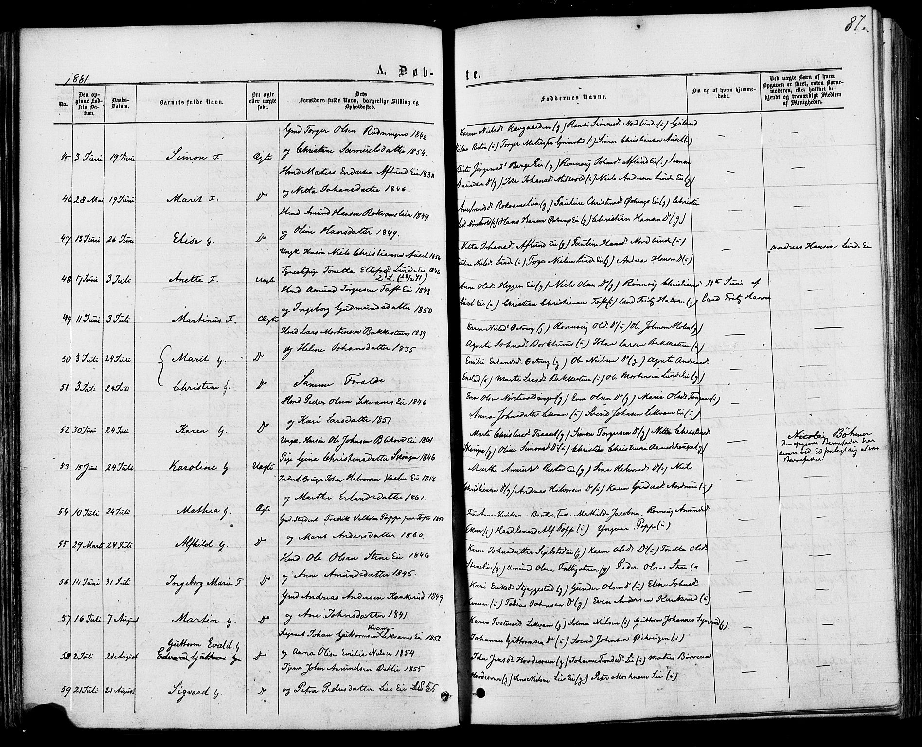 Østre Gausdal prestekontor, AV/SAH-PREST-092/H/Ha/Haa/L0001: Parish register (official) no. 1, 1874-1886, p. 87