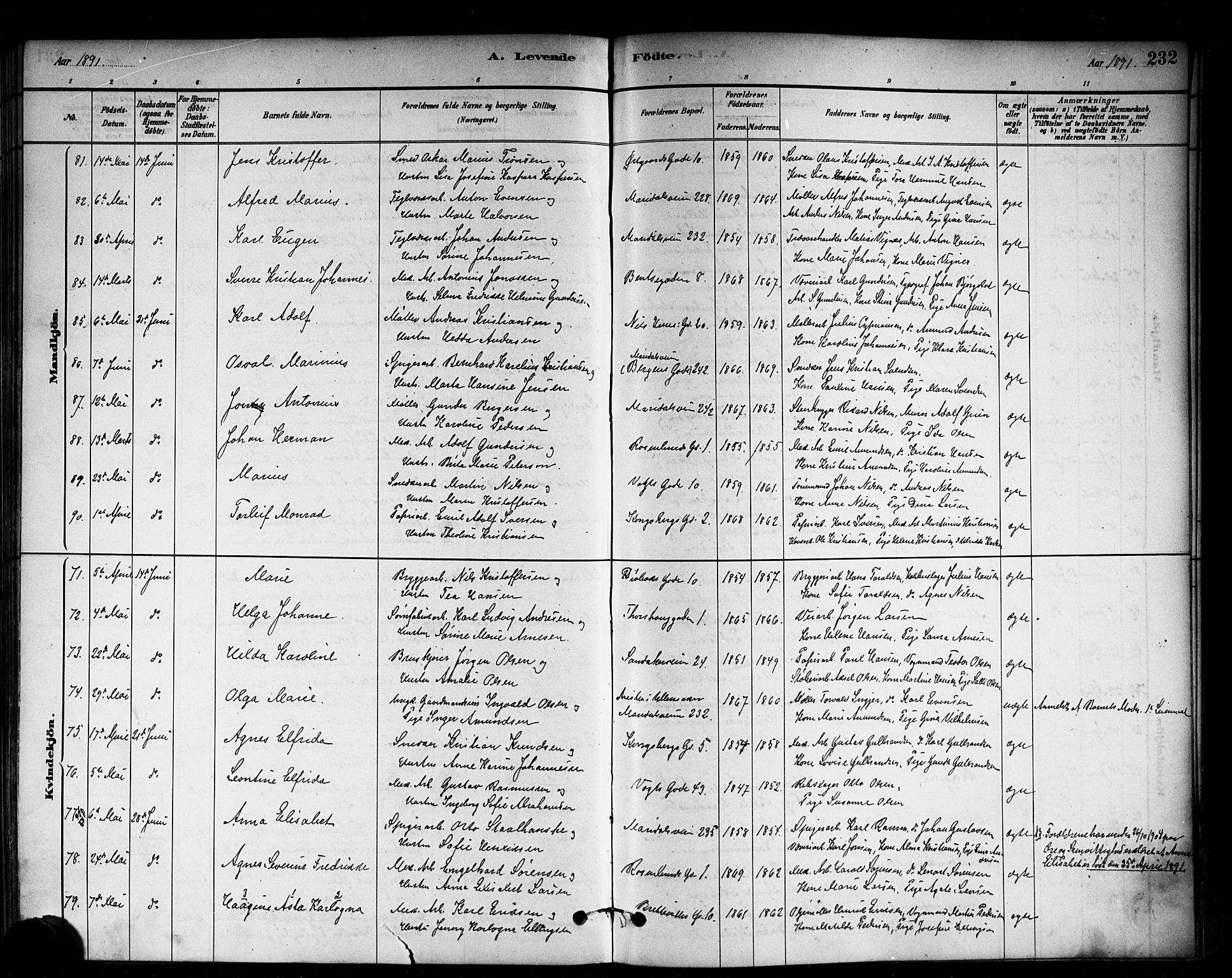 Sagene prestekontor Kirkebøker, SAO/A-10796/G/L0001: Parish register (copy) no. 1, 1880-1891, p. 232