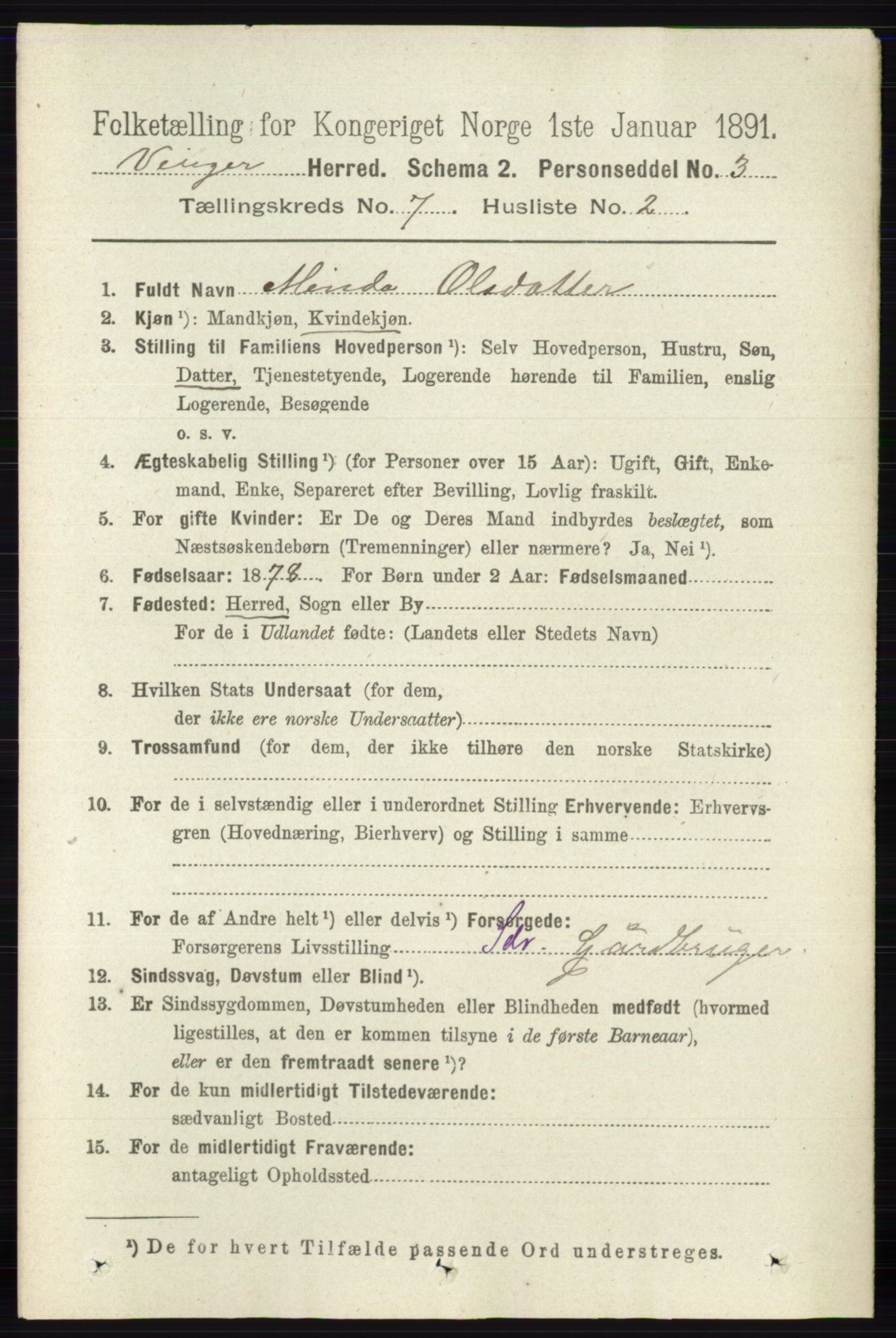 RA, 1891 census for 0421 Vinger, 1891, p. 3239