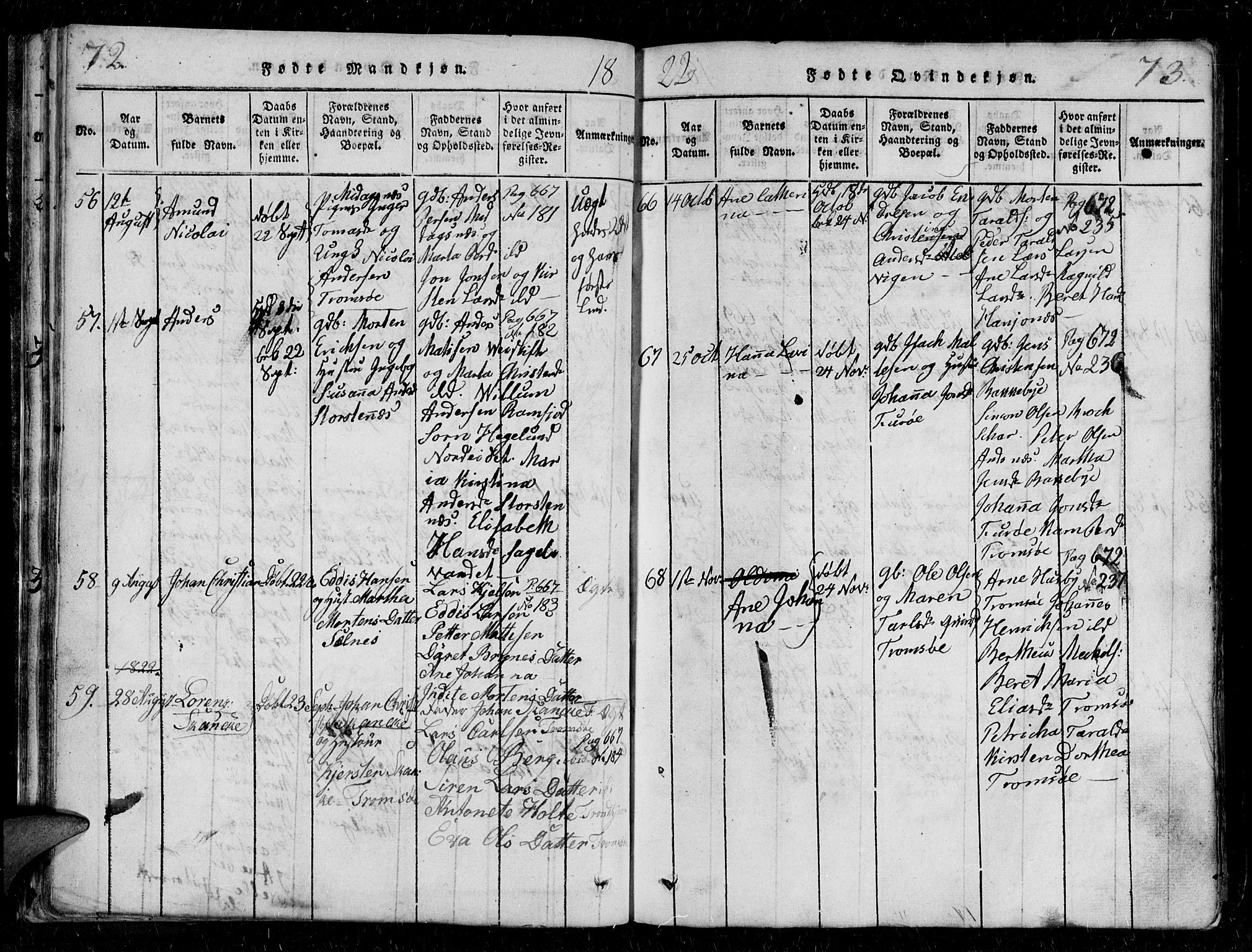 Tromsø sokneprestkontor/stiftsprosti/domprosti, AV/SATØ-S-1343/G/Gb/L0001klokker: Parish register (copy) no. 1, 1821-1833, p. 72-73