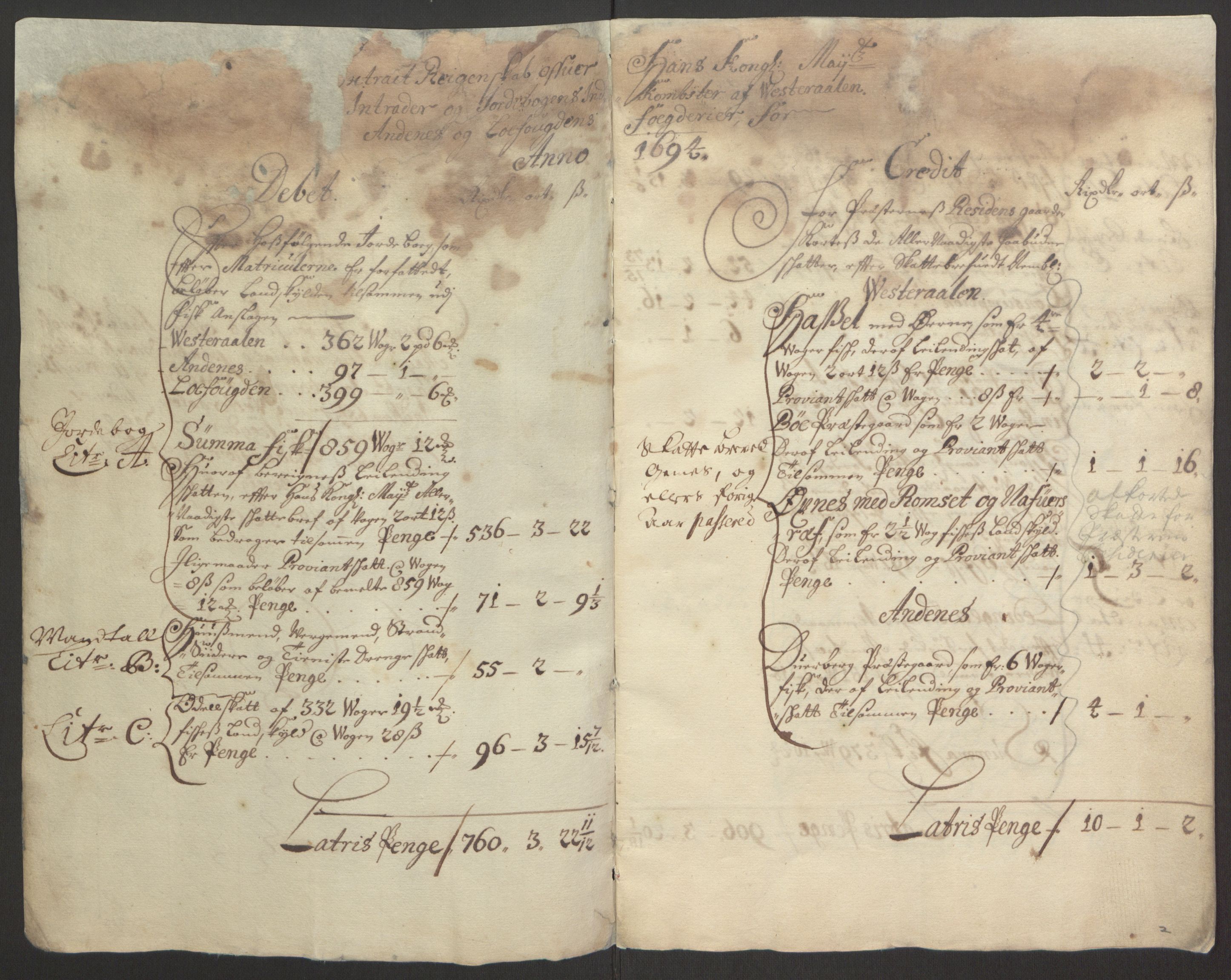 Rentekammeret inntil 1814, Reviderte regnskaper, Fogderegnskap, RA/EA-4092/R67/L4677: Fogderegnskap Vesterålen, Andenes og Lofoten, 1694-1695, p. 6